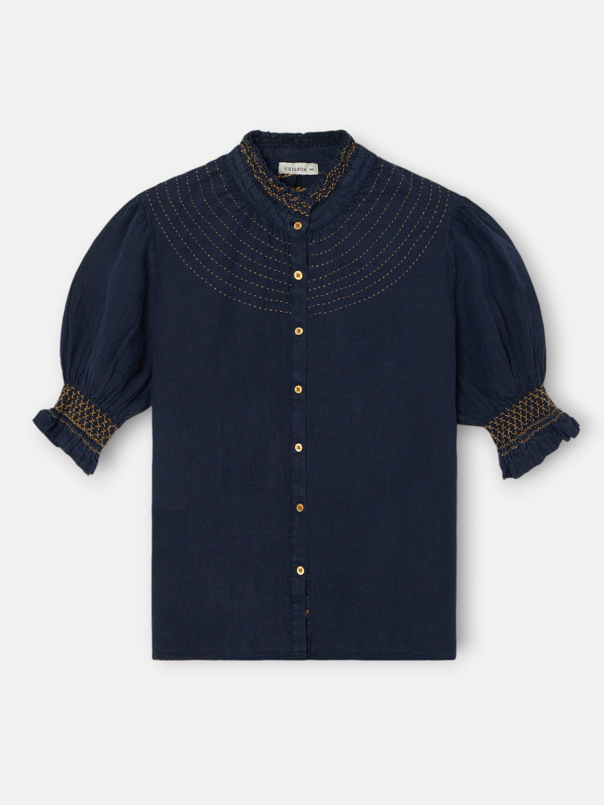 Short-sleeved gathered navy linen shirt