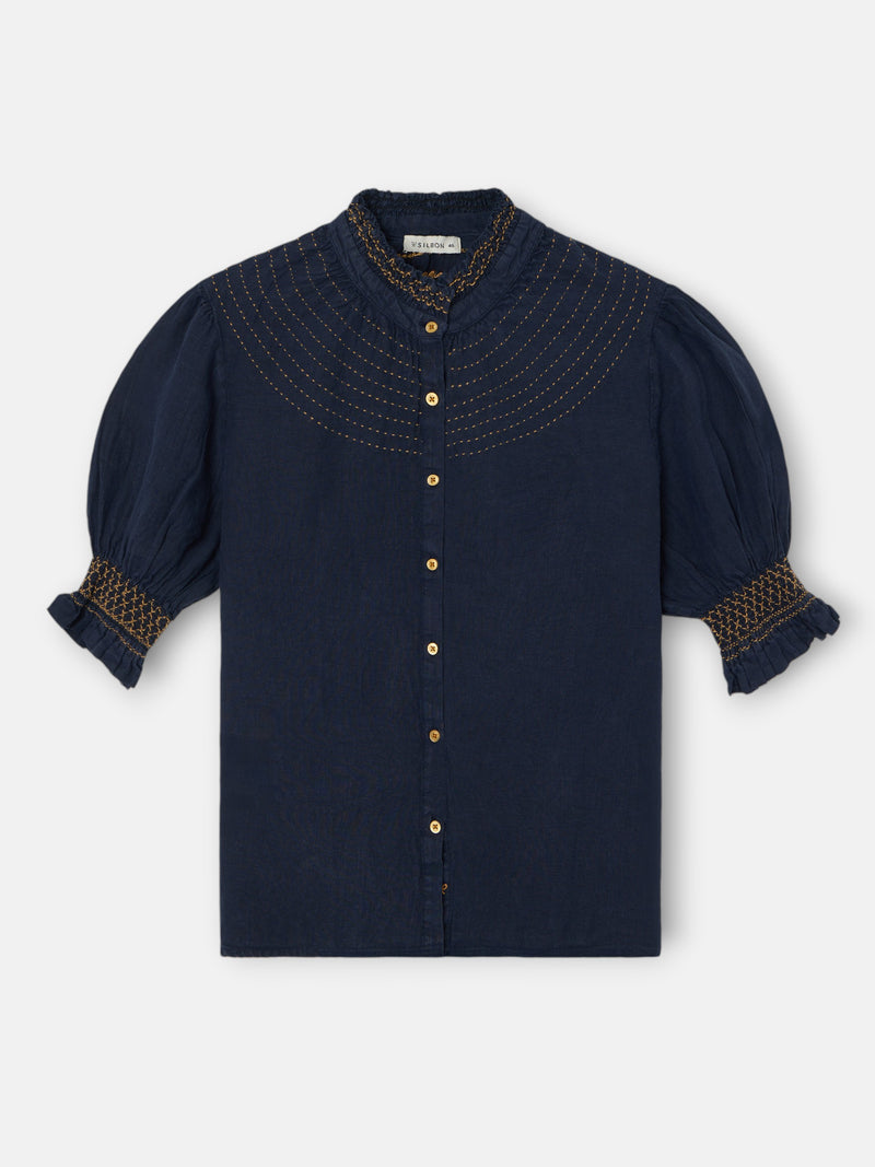 Chemise froncée à manches courtes en lin bleu marine