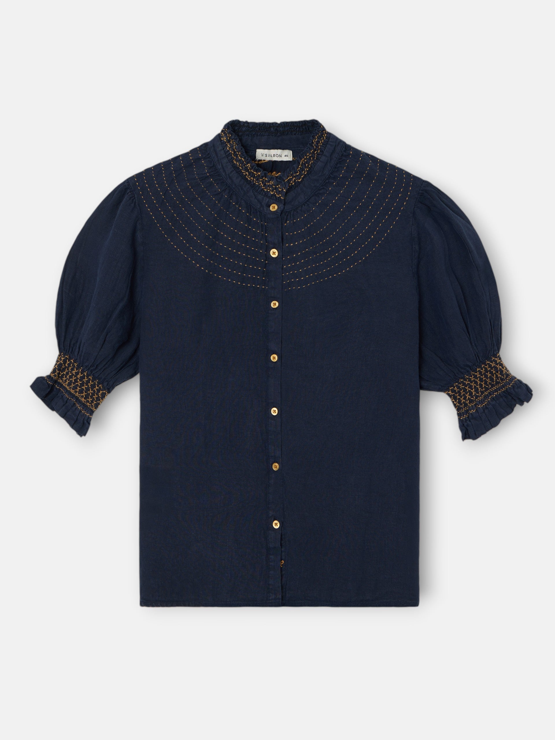 Camisa fruncida manga corta lino marino