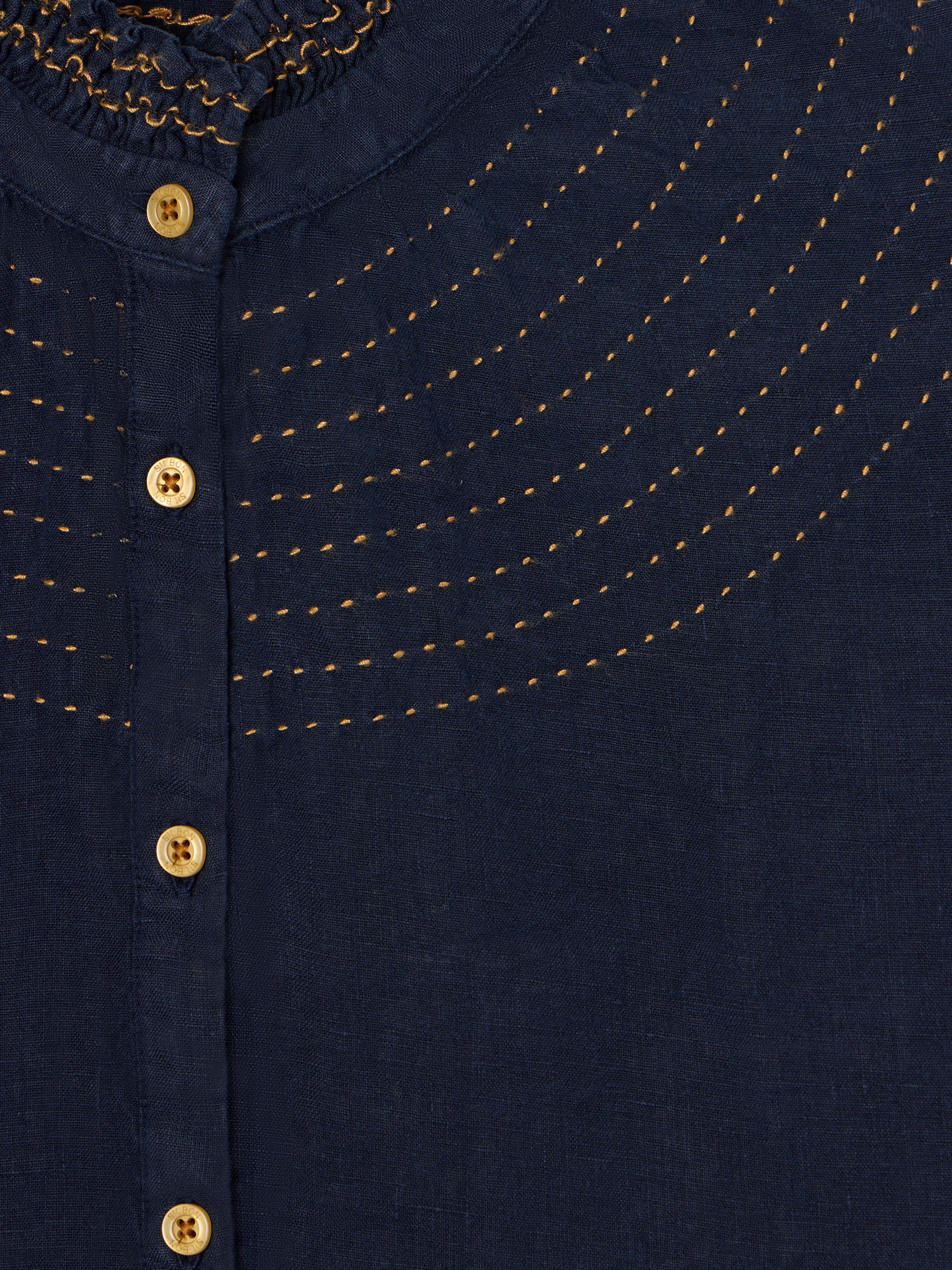 Camisa fruncida manga corta lino marino