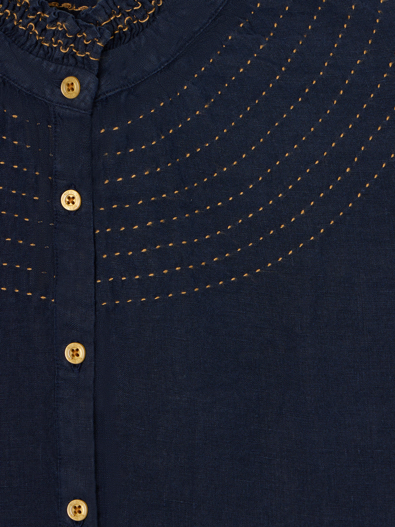 Chemise froncée à manches courtes en lin bleu marine