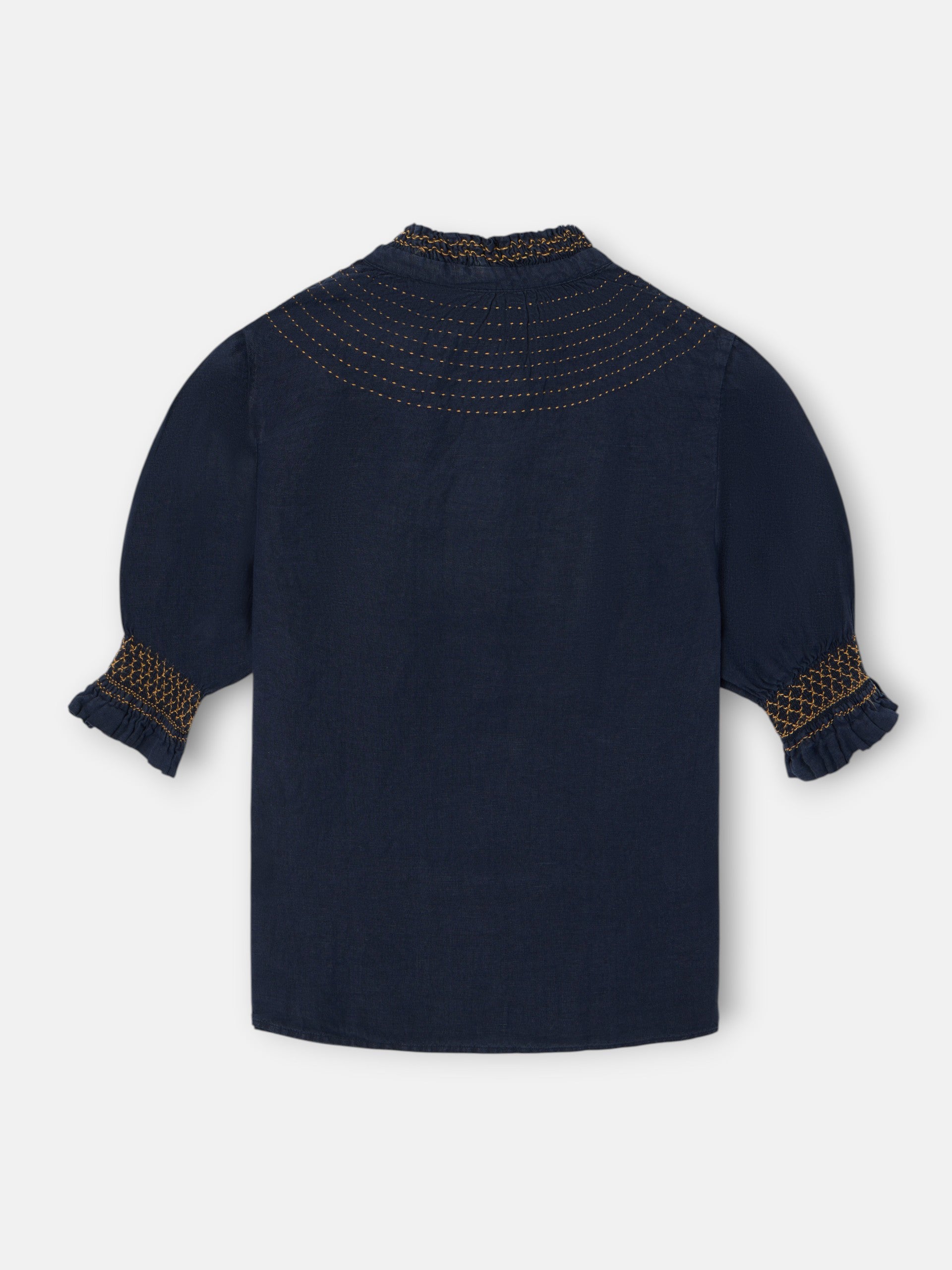 Camisa fruncida manga corta lino marino