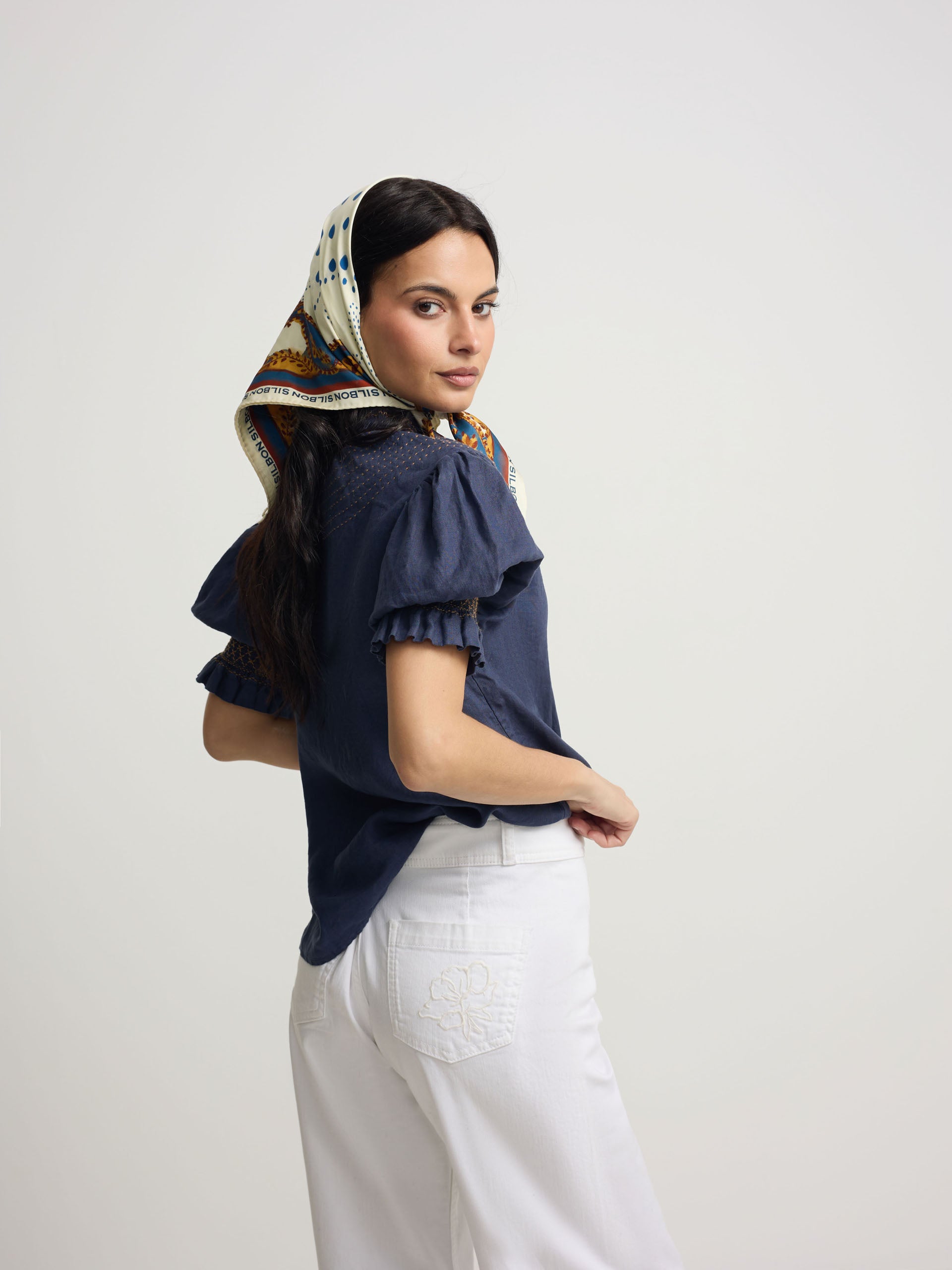 Camisa fruncida manga corta lino marino