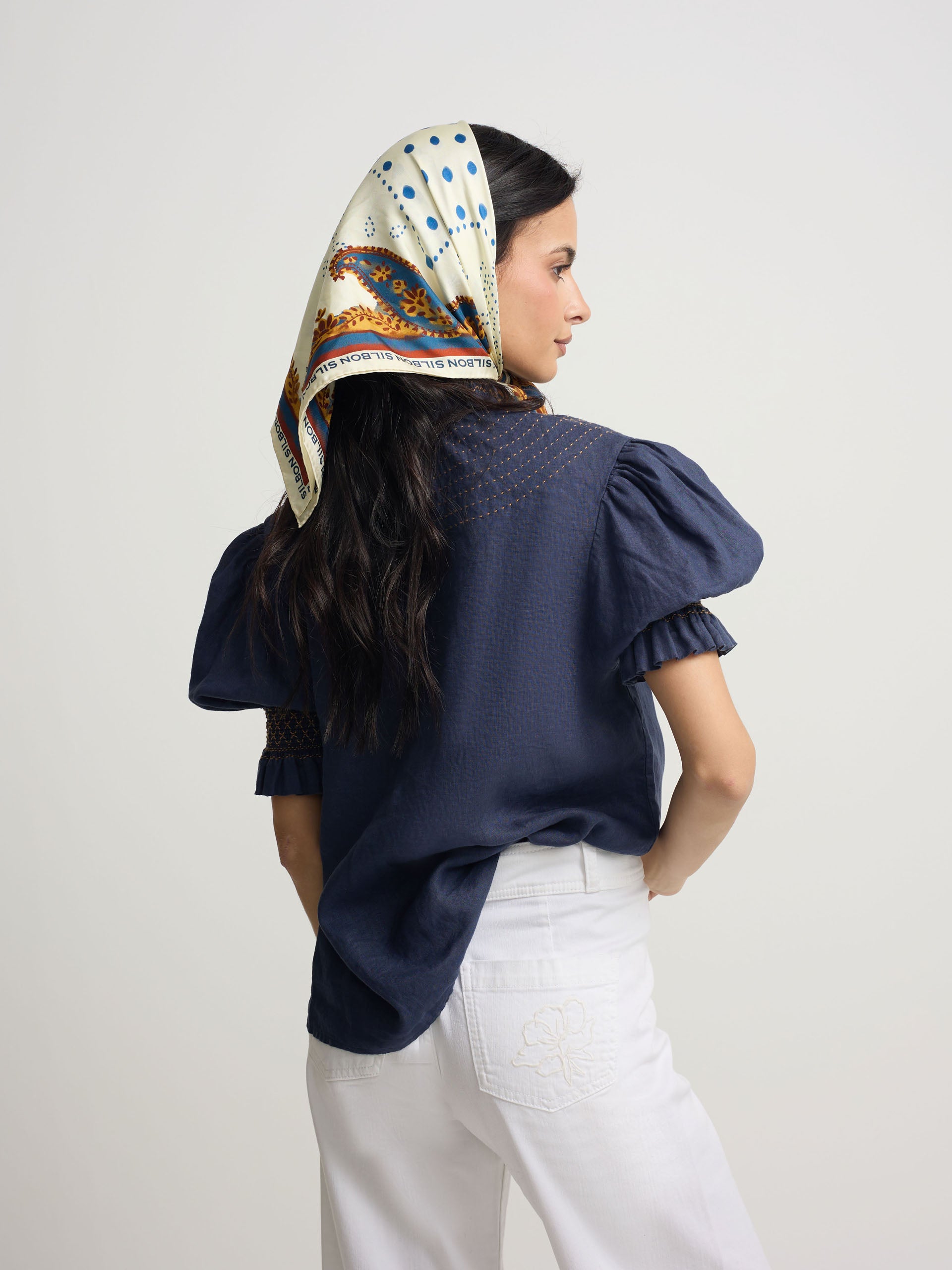 Camisa fruncida manga corta lino marino