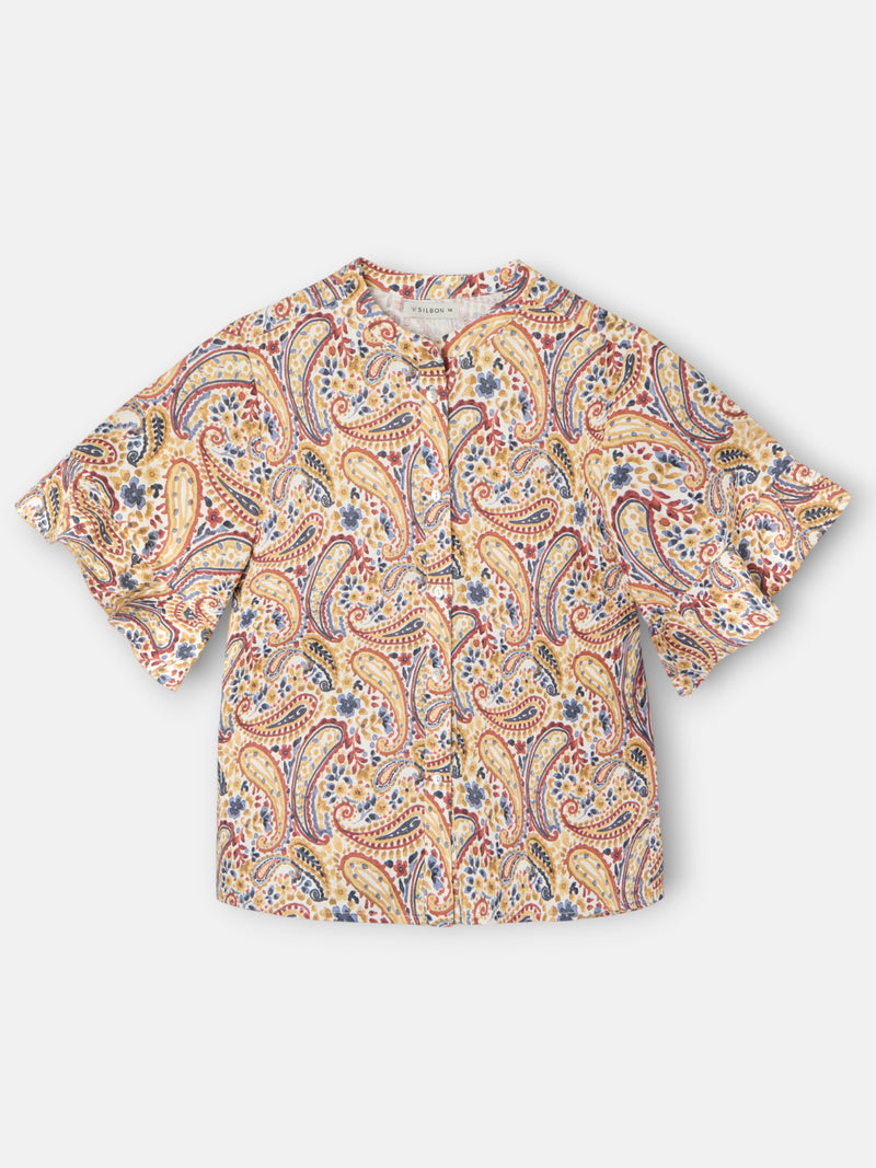 Blusa de manga com folho estampada com laranjas