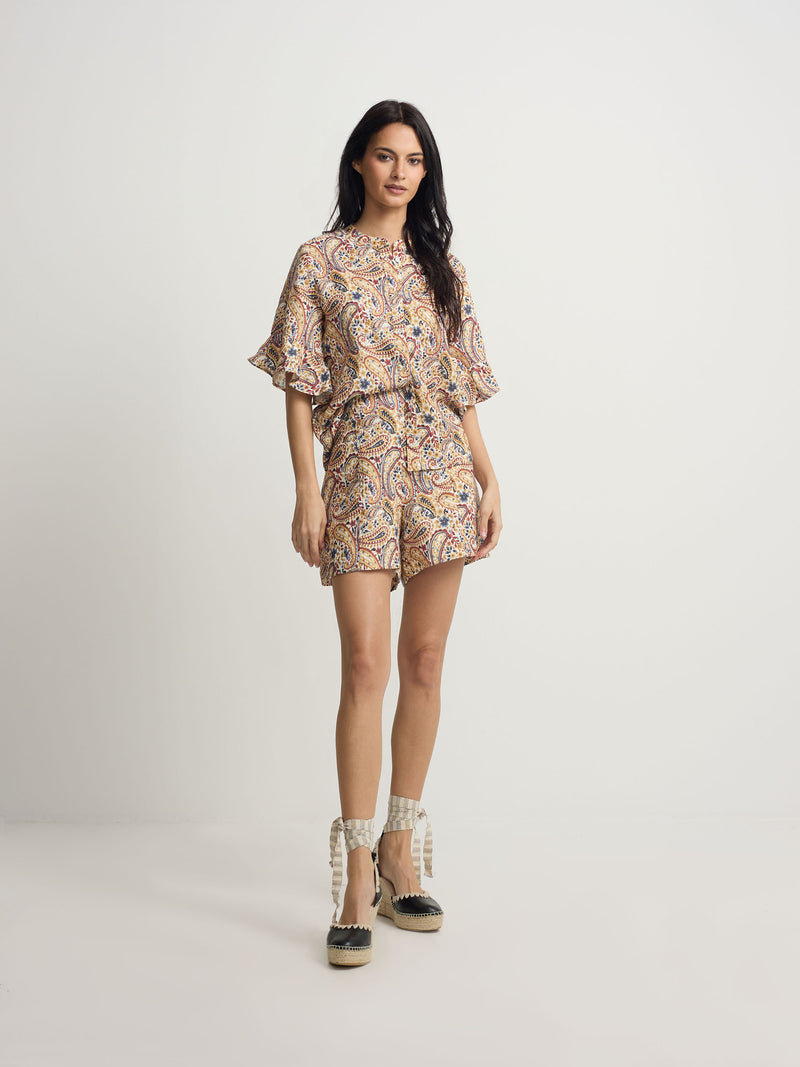 Blusa de manga com folho estampada com laranjas