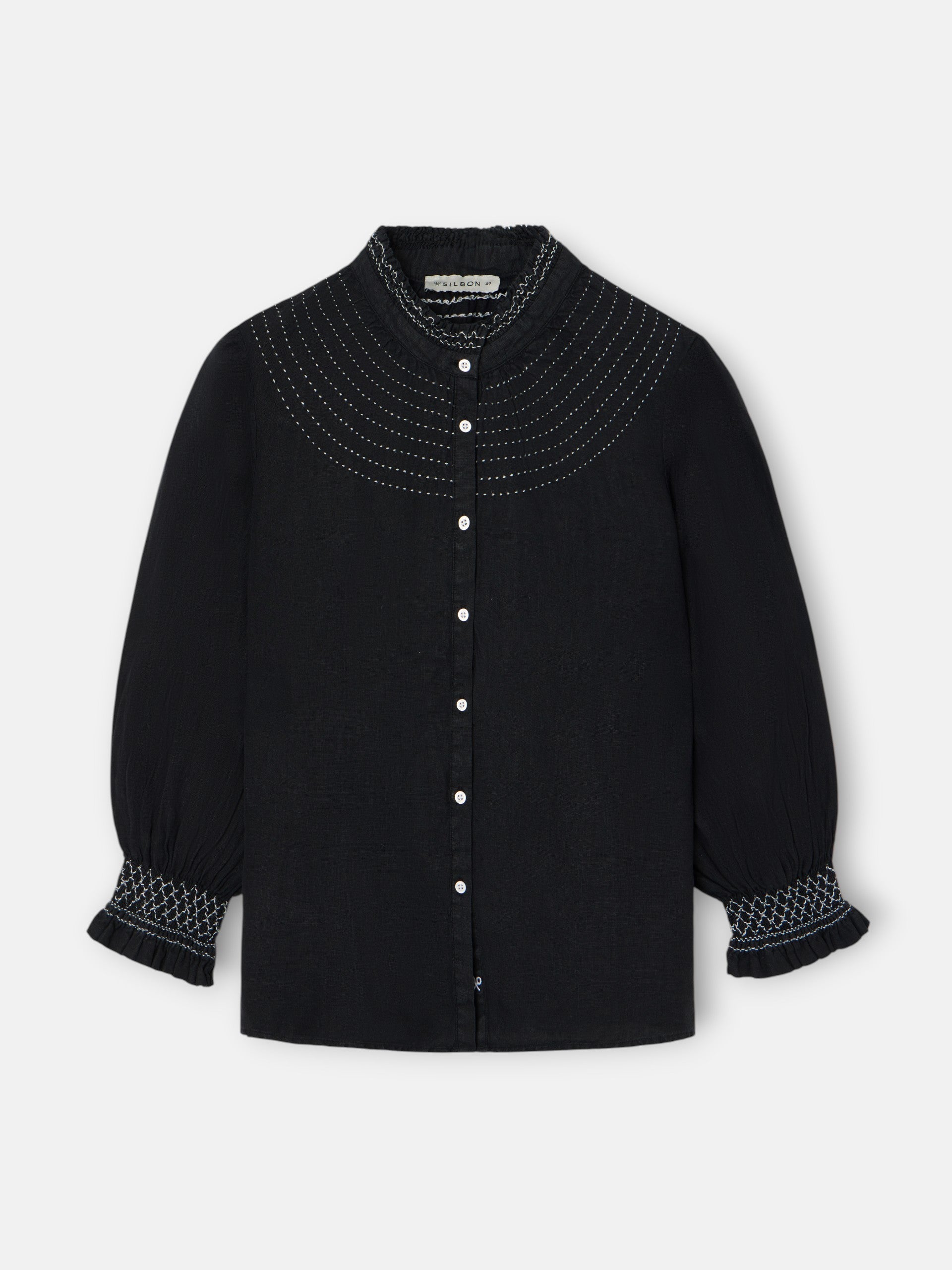 black linen long-sleeved ruched shirt