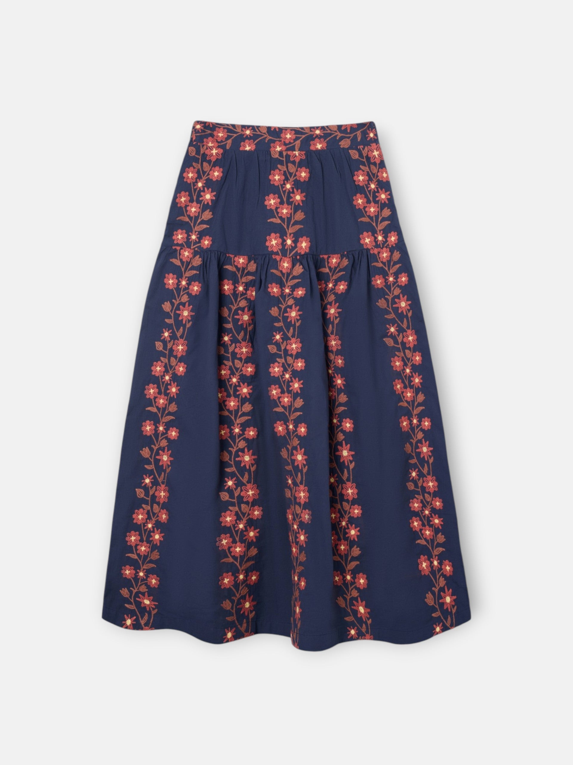 Saia comprida azul com flores bordadas