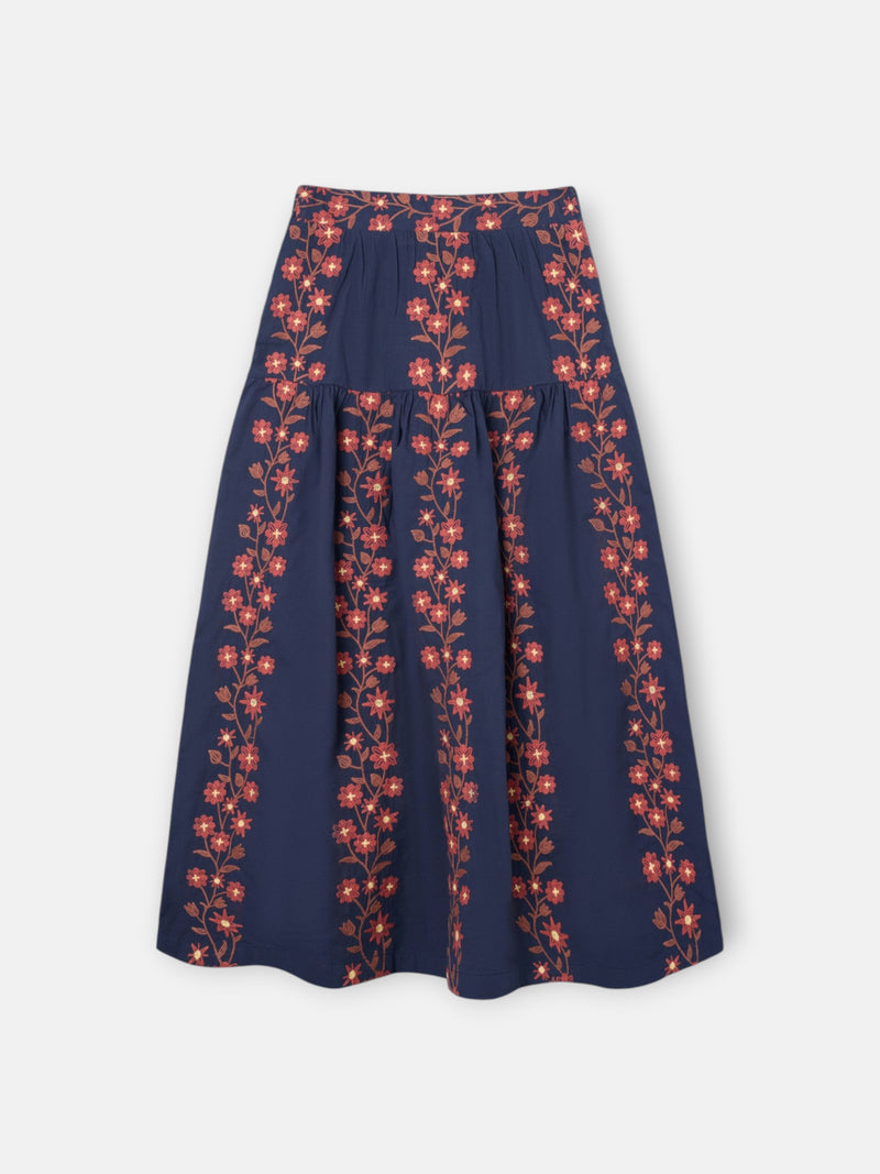 Falda larga flores bordadas azul