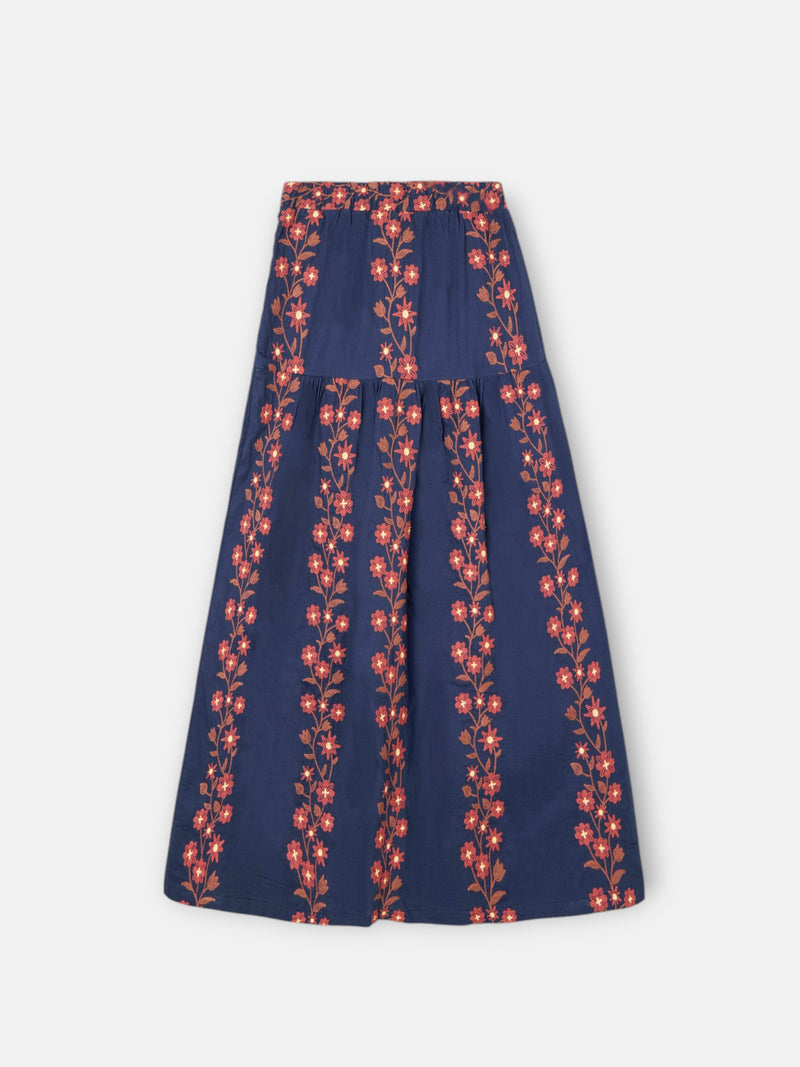 Falda larga flores bordadas azul