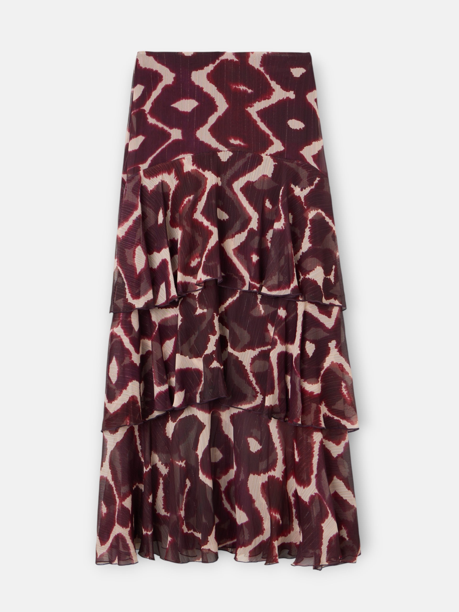 Saia comprida com folhos estampada em tons de castanho