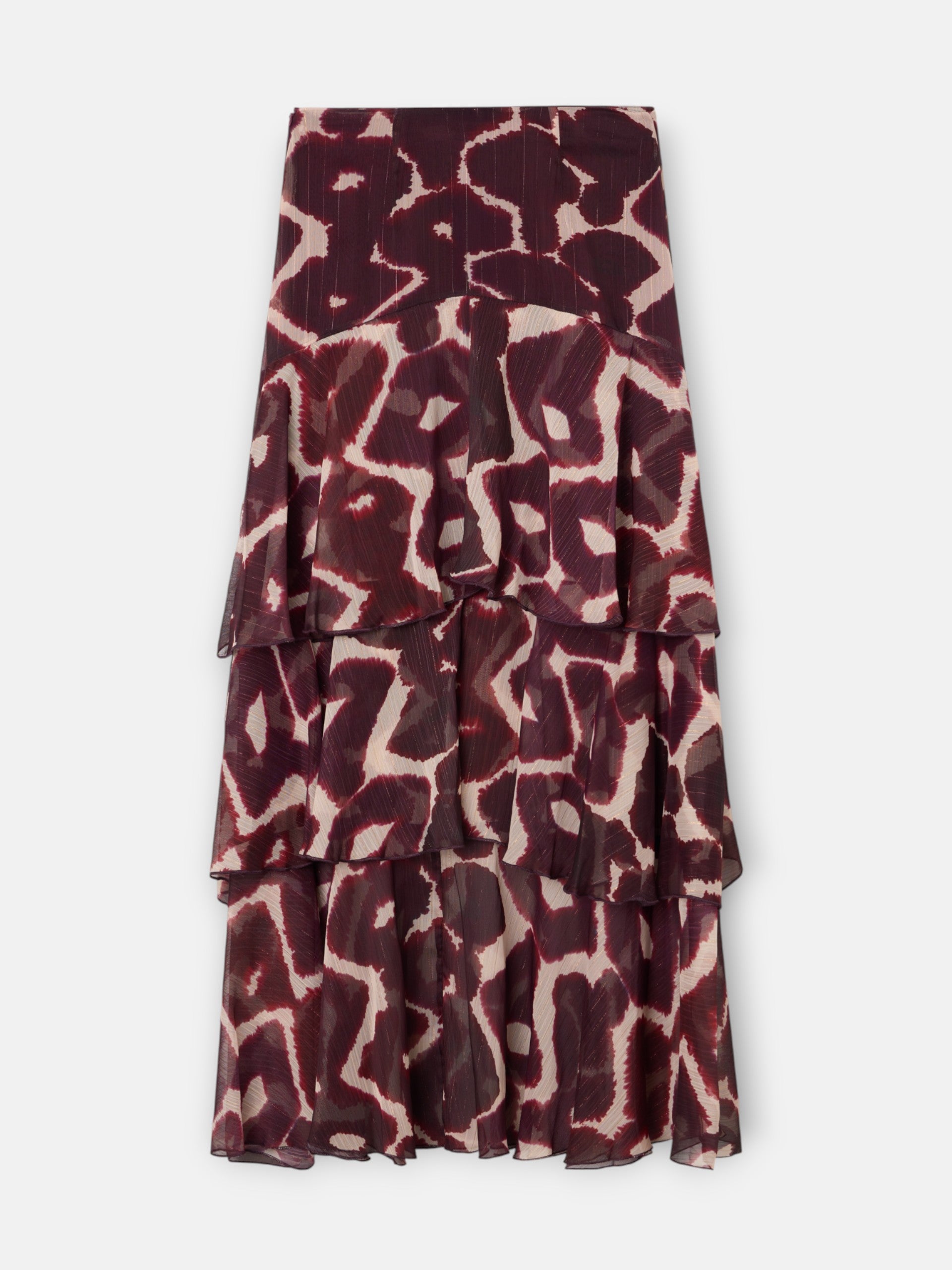 Saia comprida com folhos estampada em tons de castanho