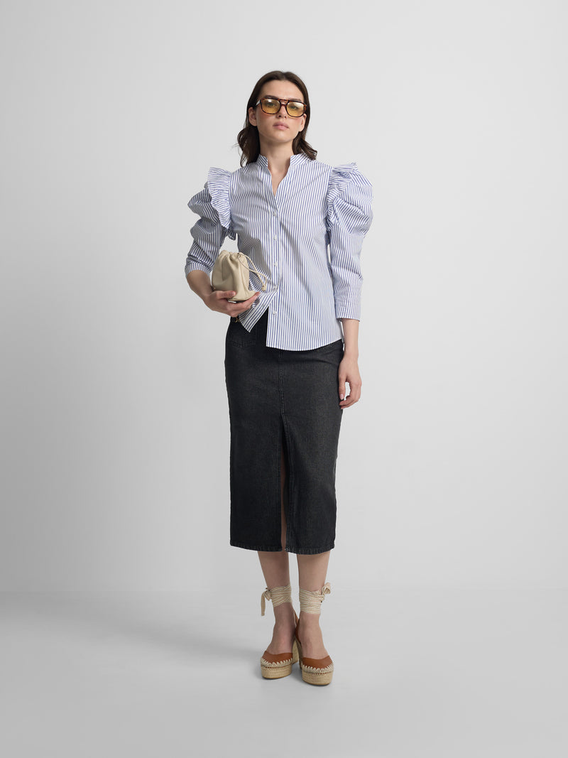 Falda midi recta hebilla denim gris