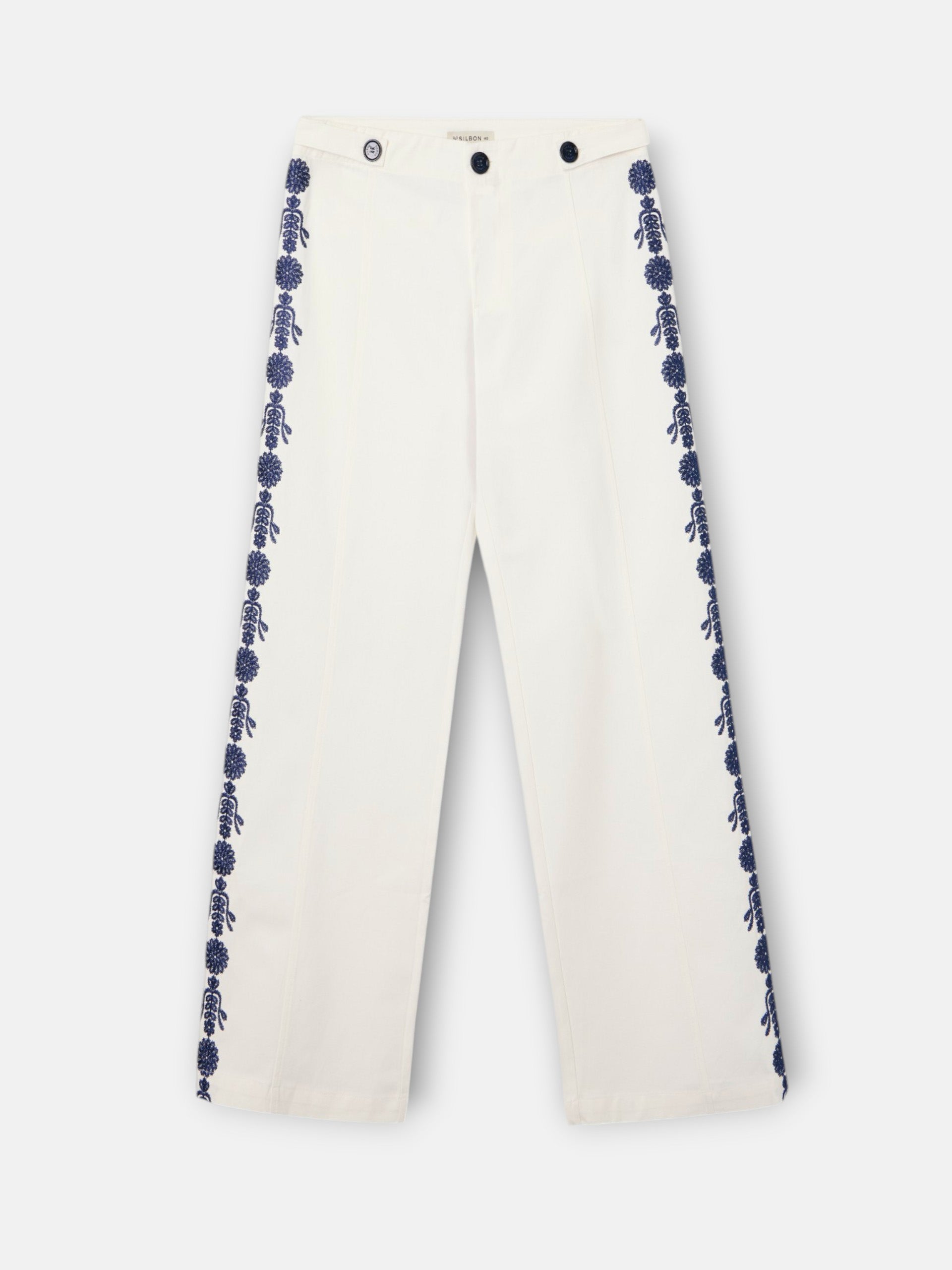 Pantalon recto detalles bordados blanco