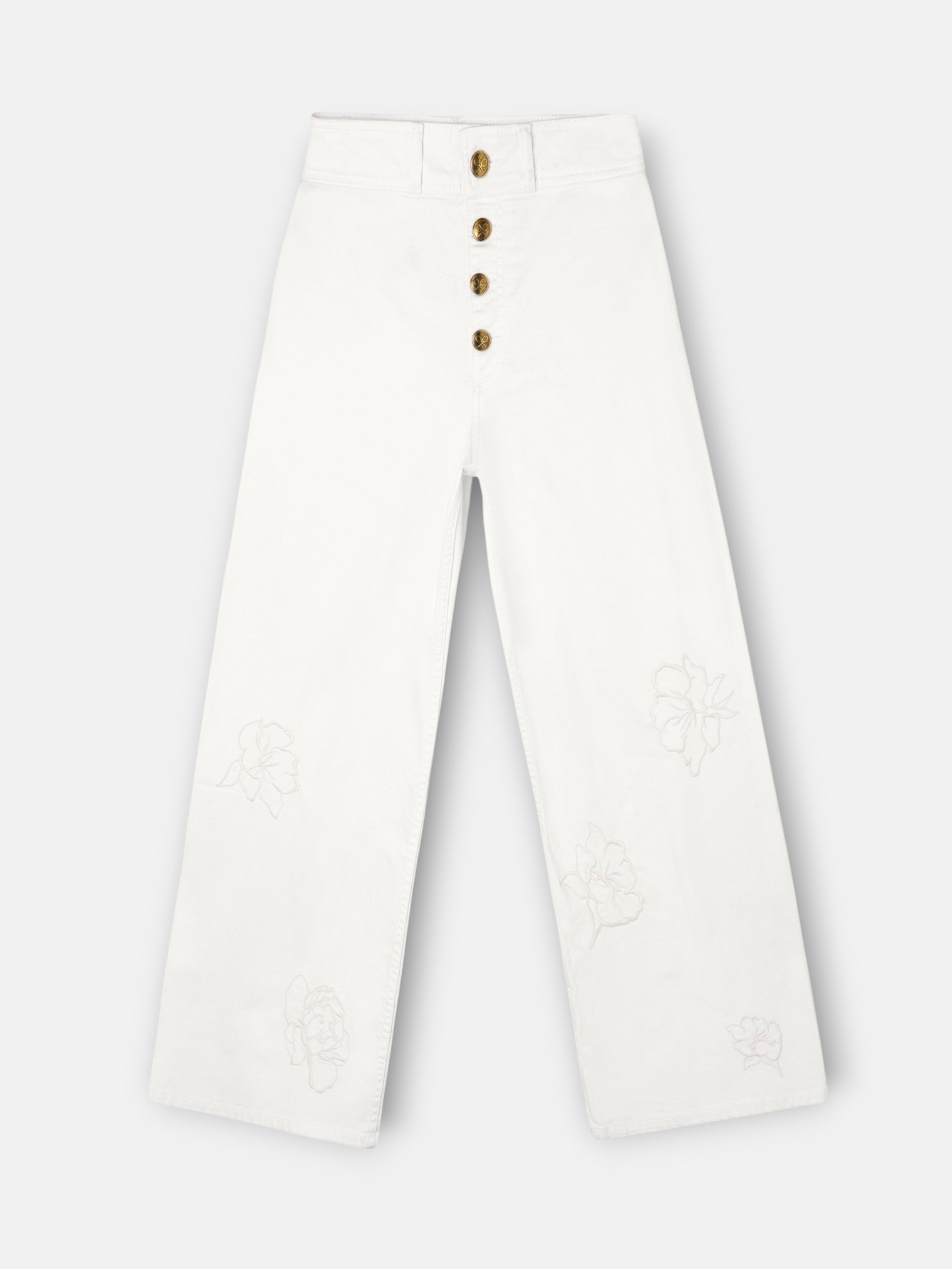 Pantalon brodé fleurs écru