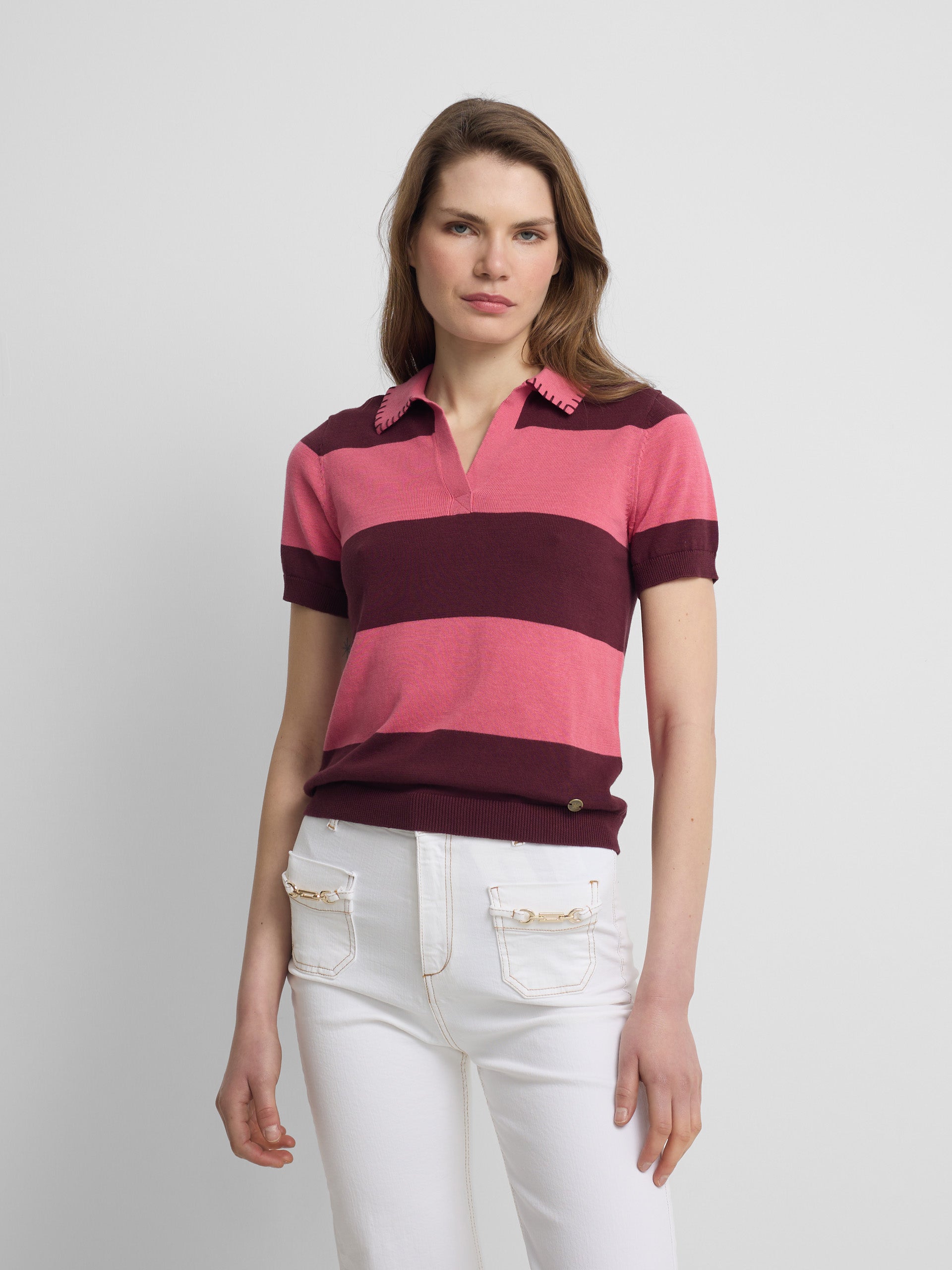 Polo punto manga corta rayas rosas