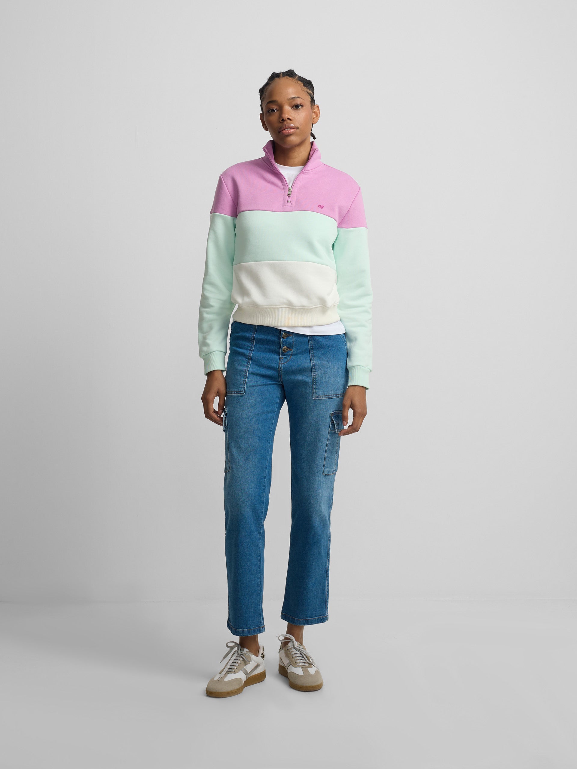 Sweatshirt mulher tricolor roxo e verde