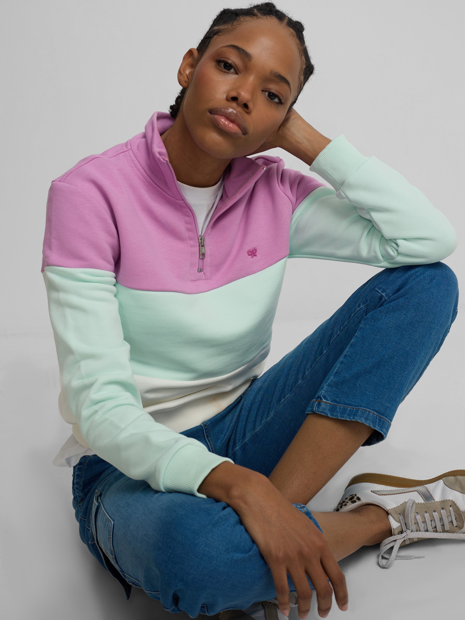 Sweatshirt mulher tricolor roxo e verde