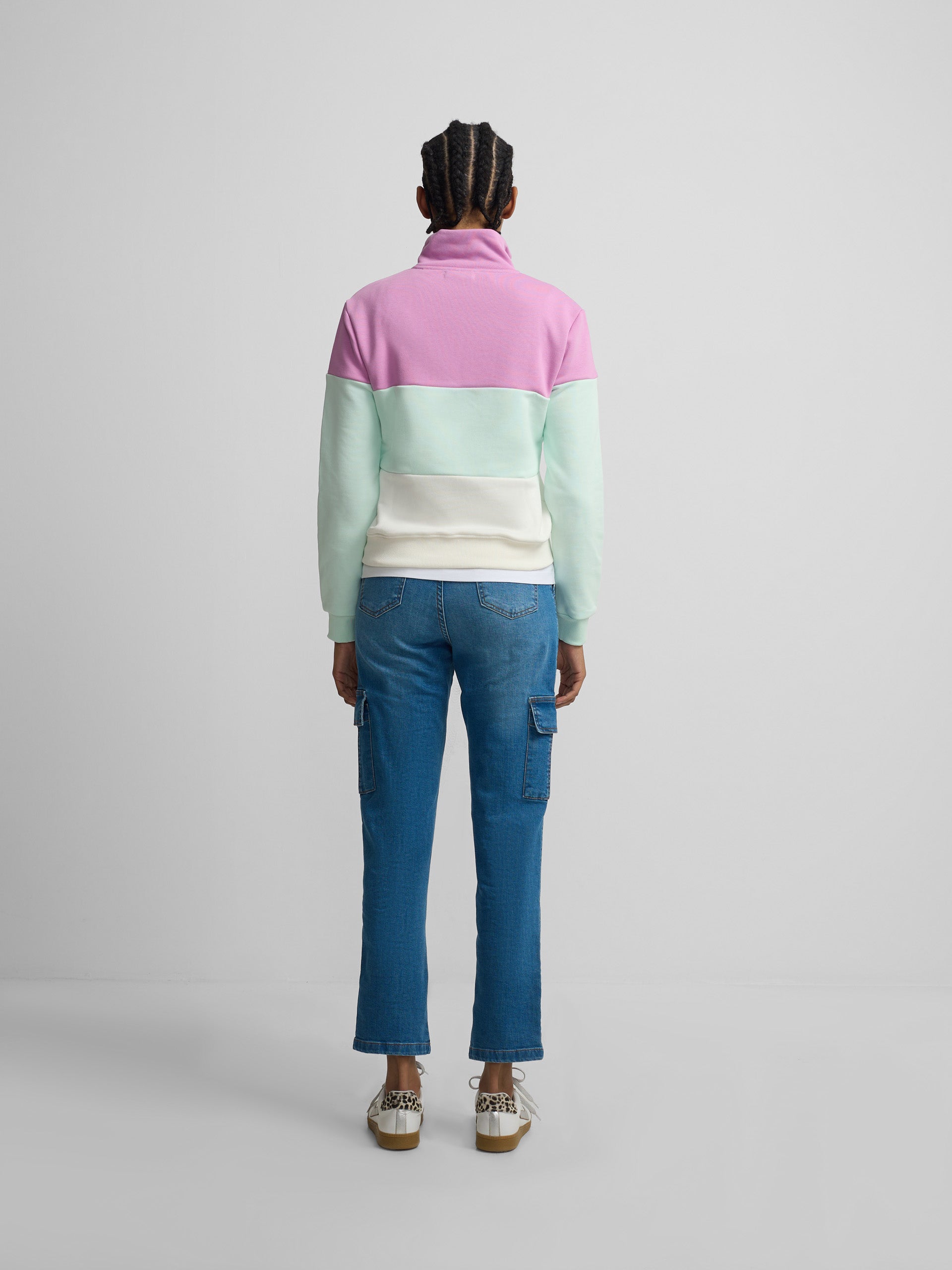 Women's tricolor sweatshirt in purple and green