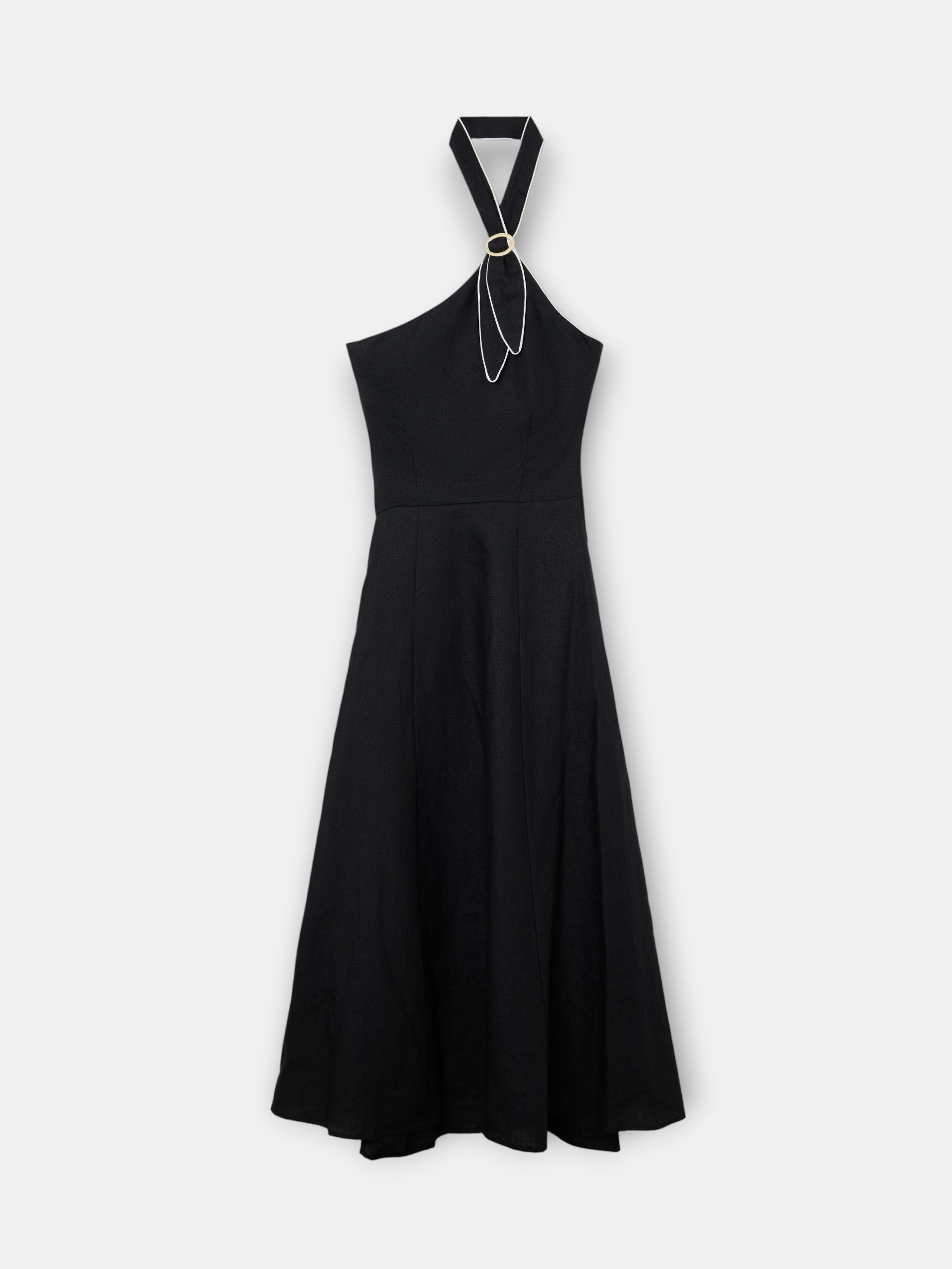 Vestido comprido com fivela em linho