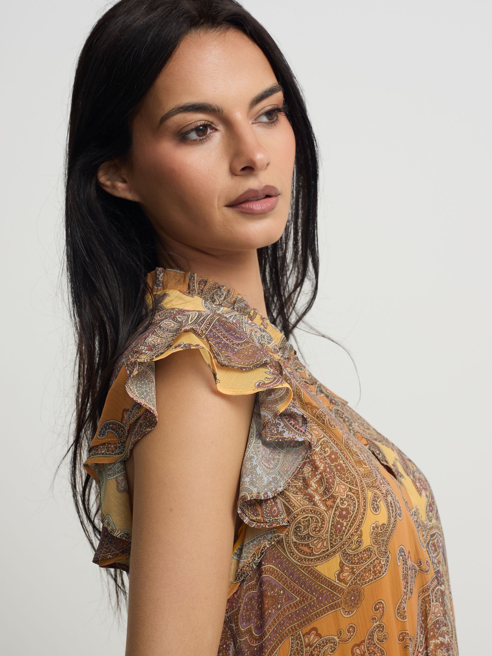 Vestido midi vuelo estampado naranjas