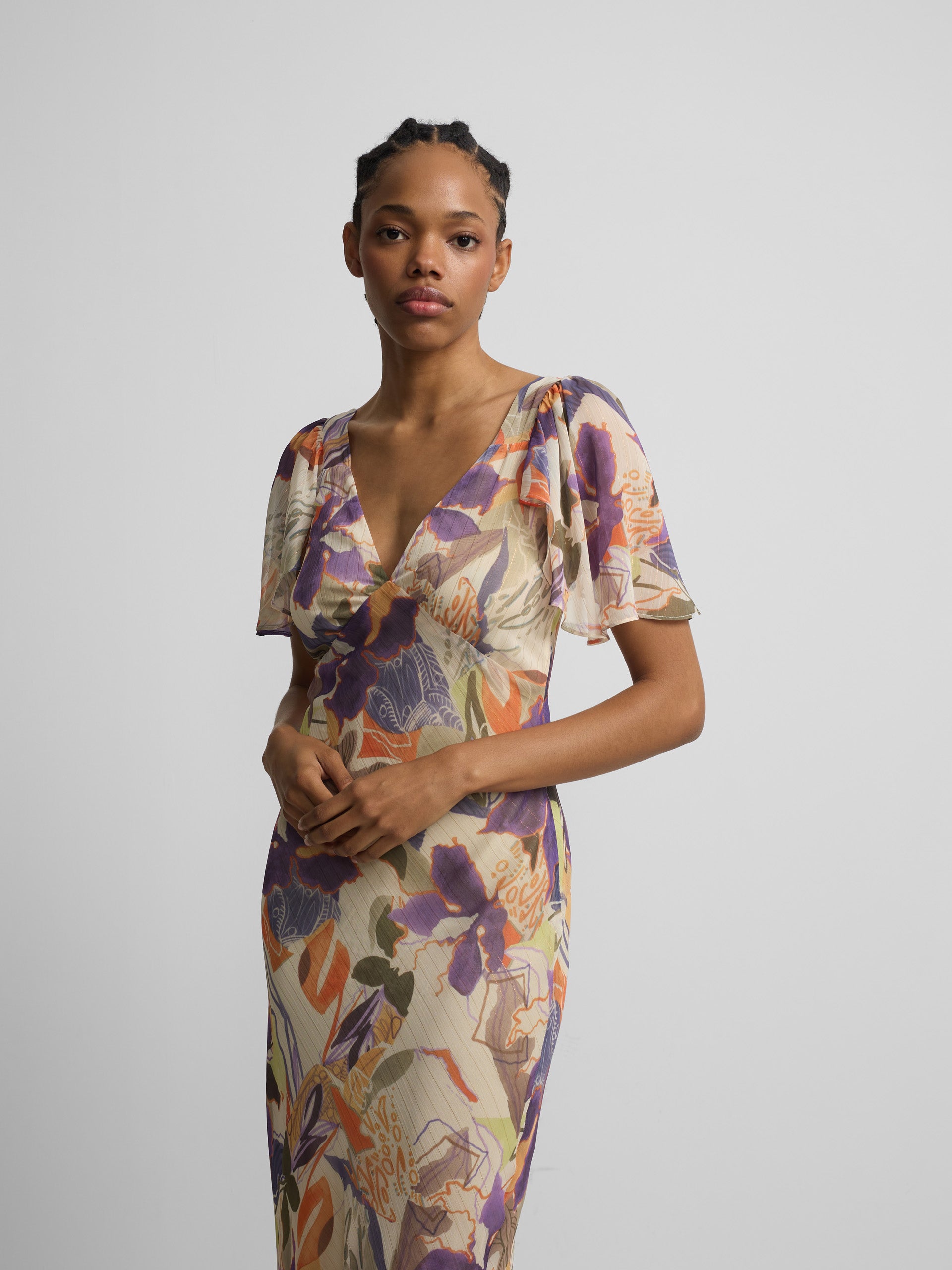 Long dress with purple and orange floral print