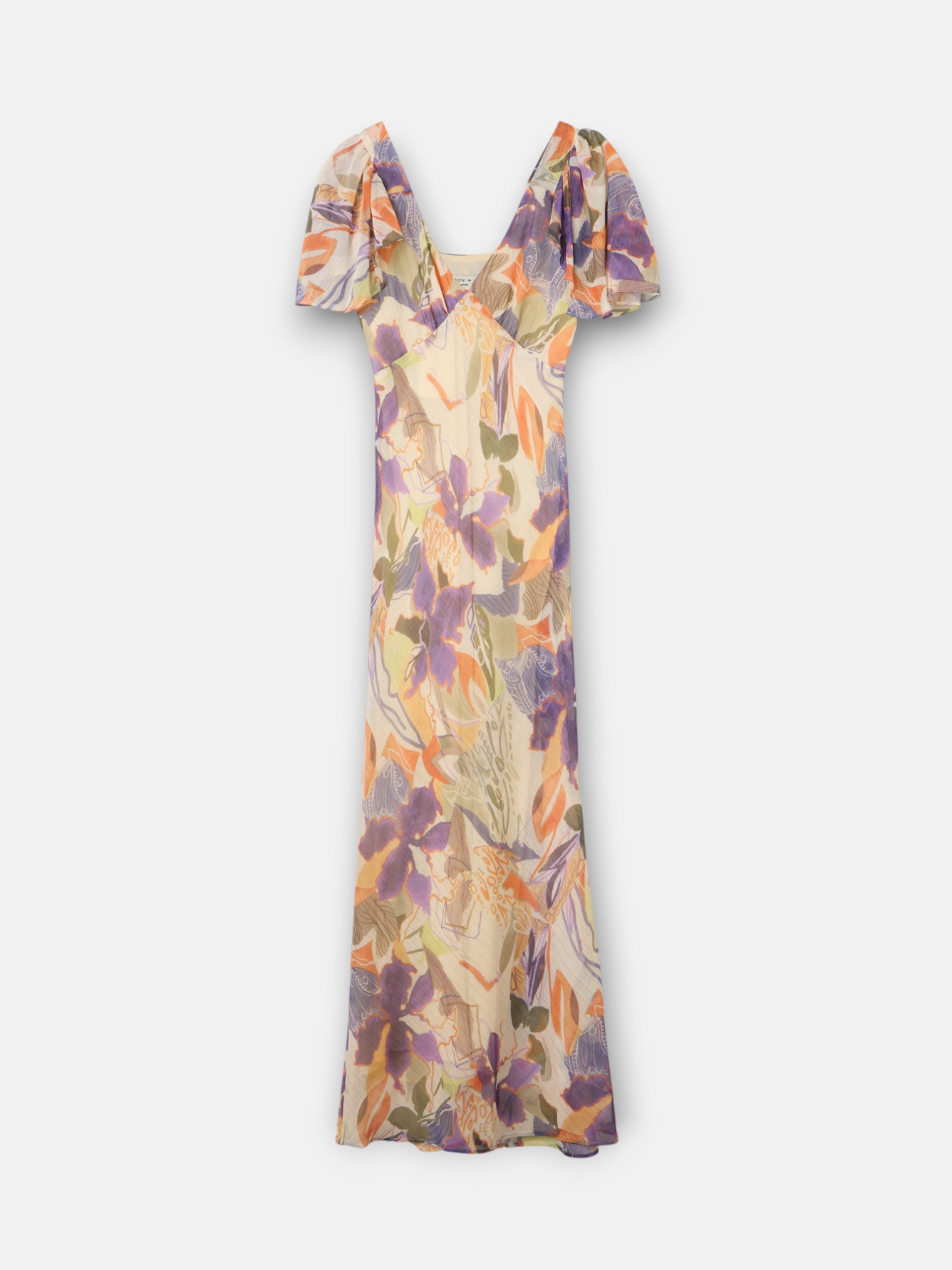 Vestido comprido estampado com flores roxas e laranja