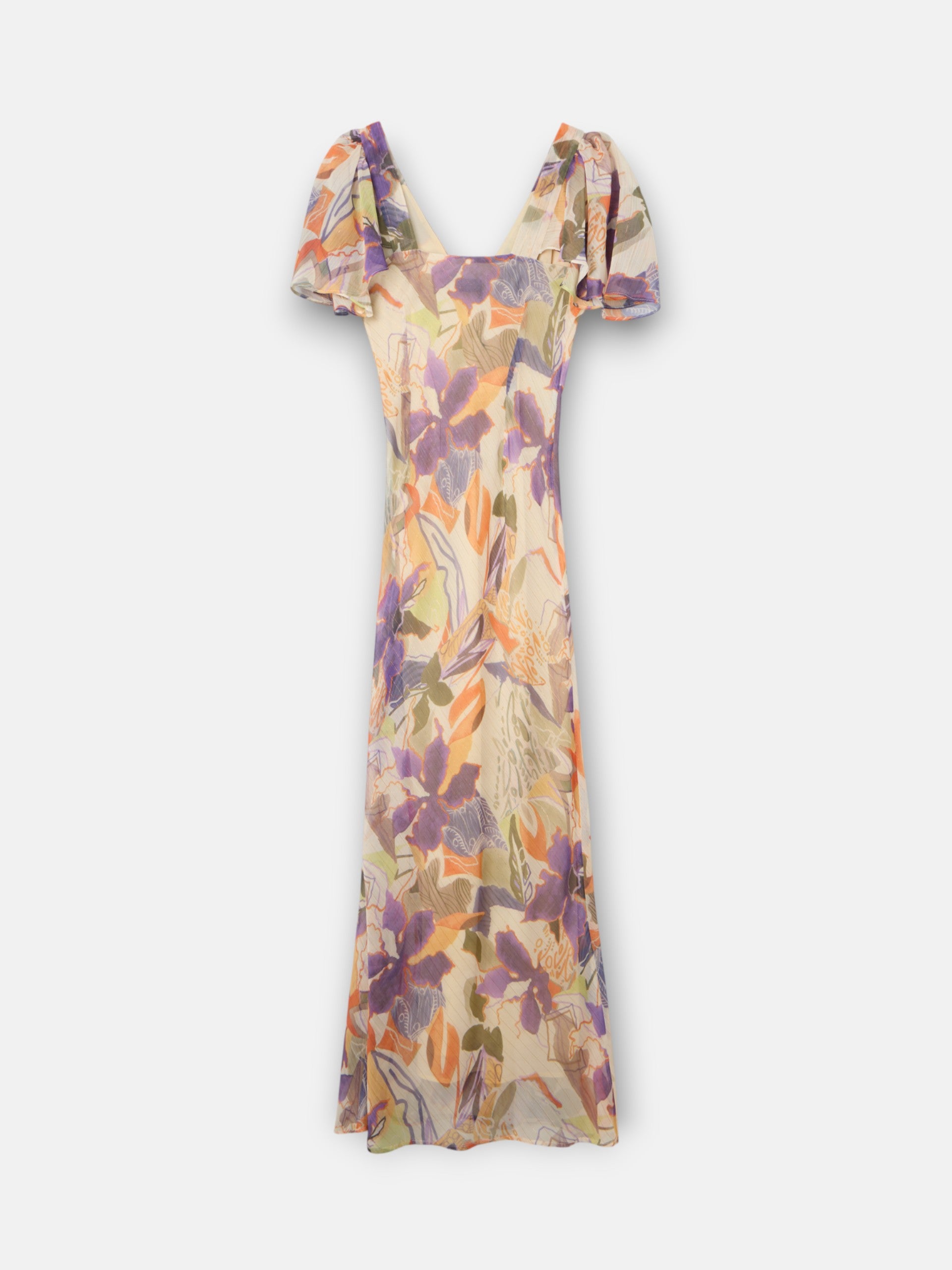 Vestido comprido estampado com flores roxas e laranja