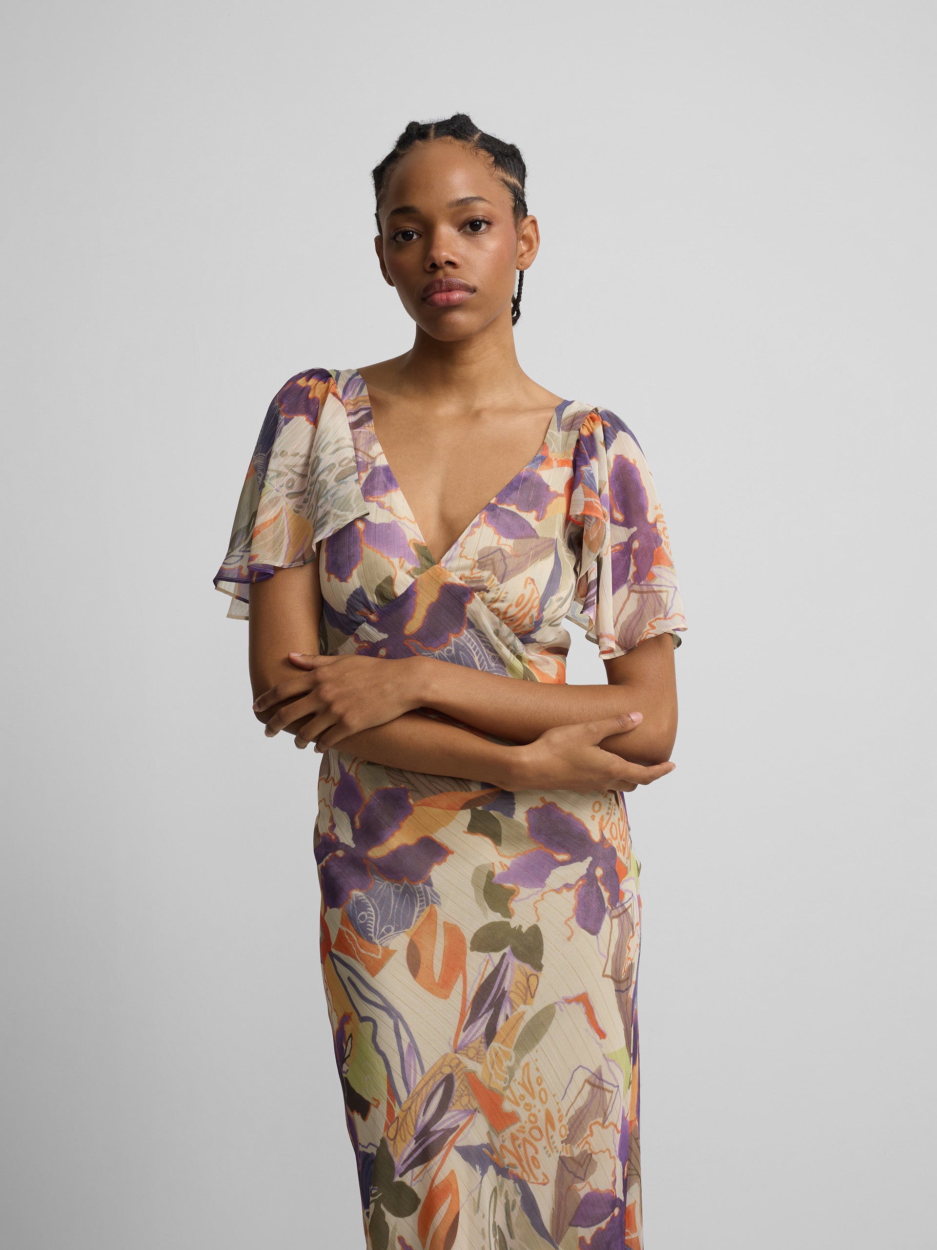 Long dress with purple and orange floral print