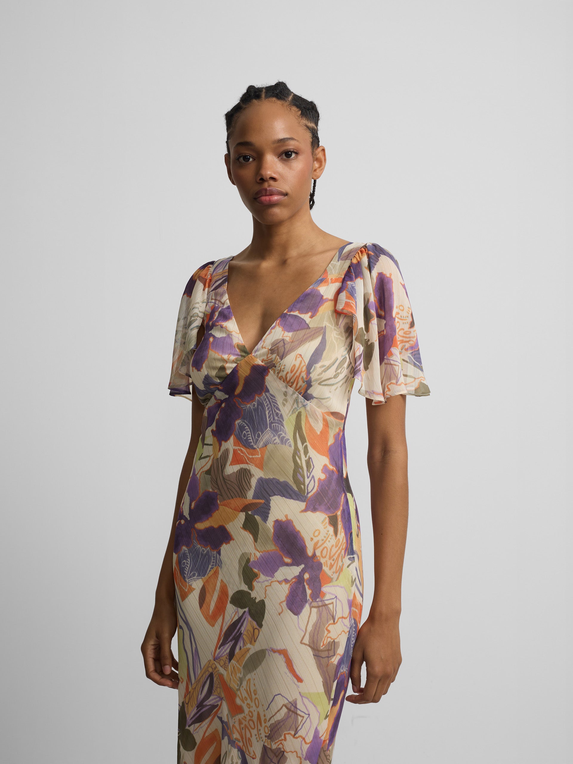 Long dress with purple and orange floral print