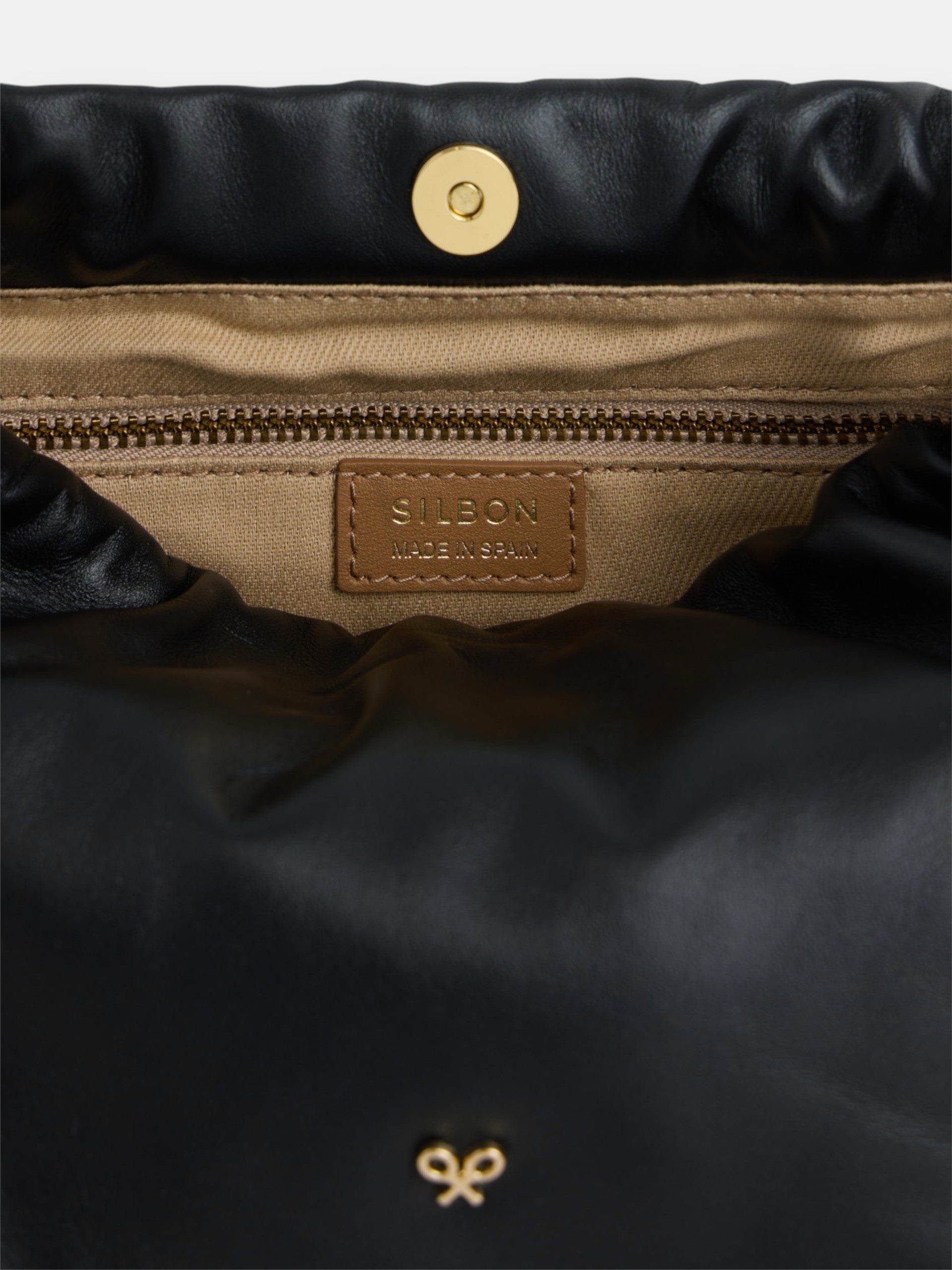 Gathered leather bag with chain detail in black