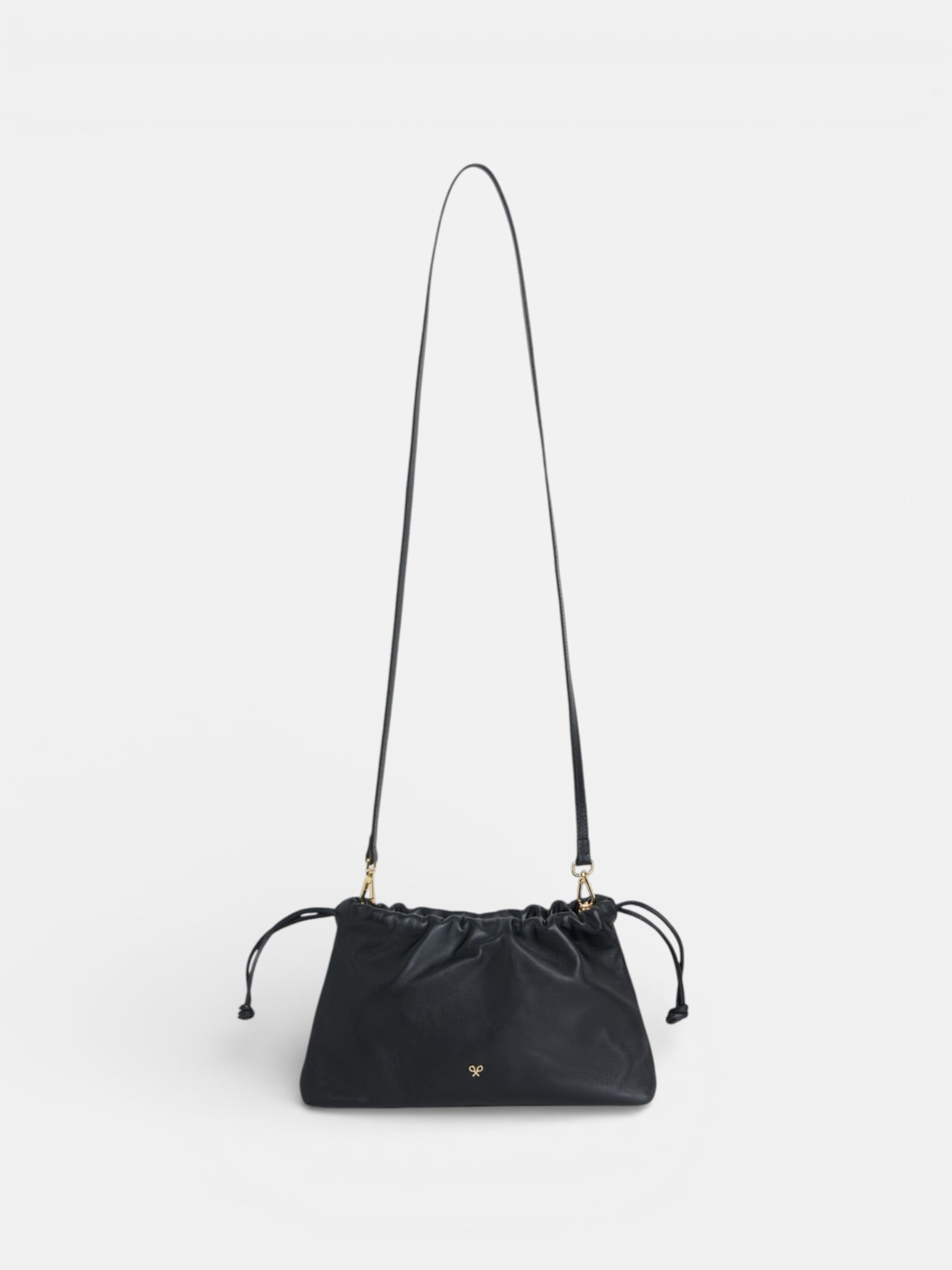 Gathered leather bag with chain detail in black