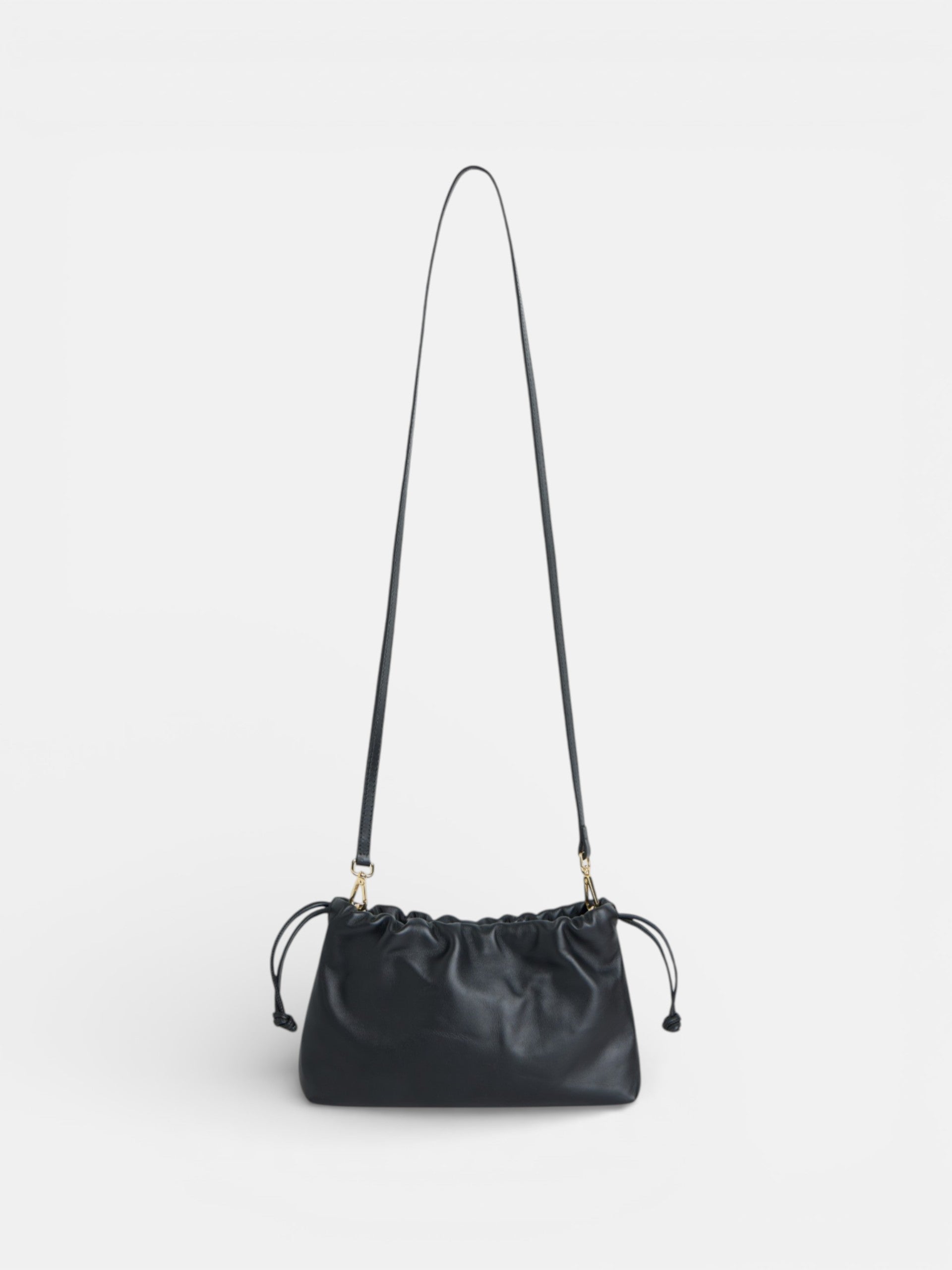 Gathered leather bag with chain detail in black