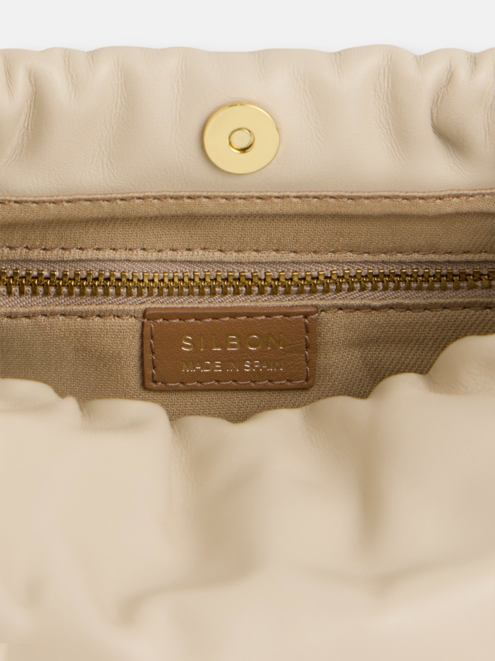 Gathered leather bag with chain detail in off-white