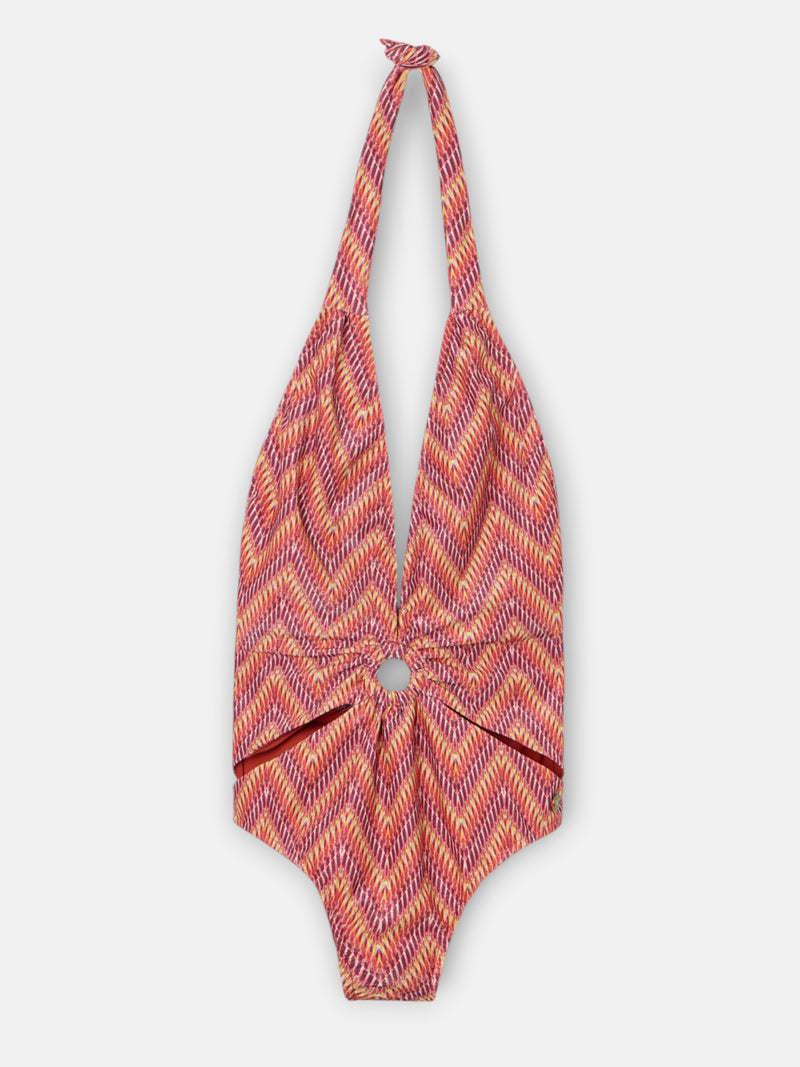 Maillot de bain à col halter motif chevrons roses