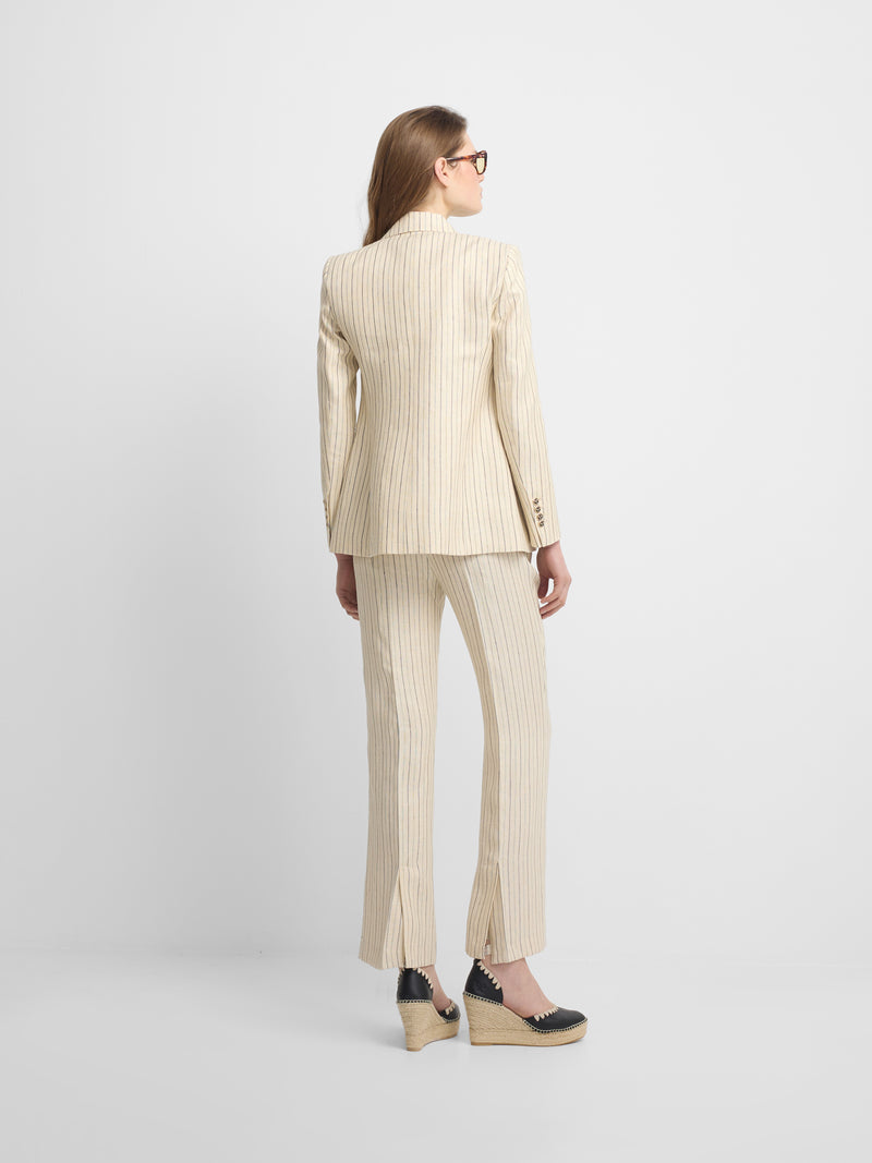 Raw double-breasted blazer with blue stripes