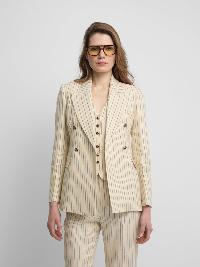 Raw double-breasted blazer with blue stripes