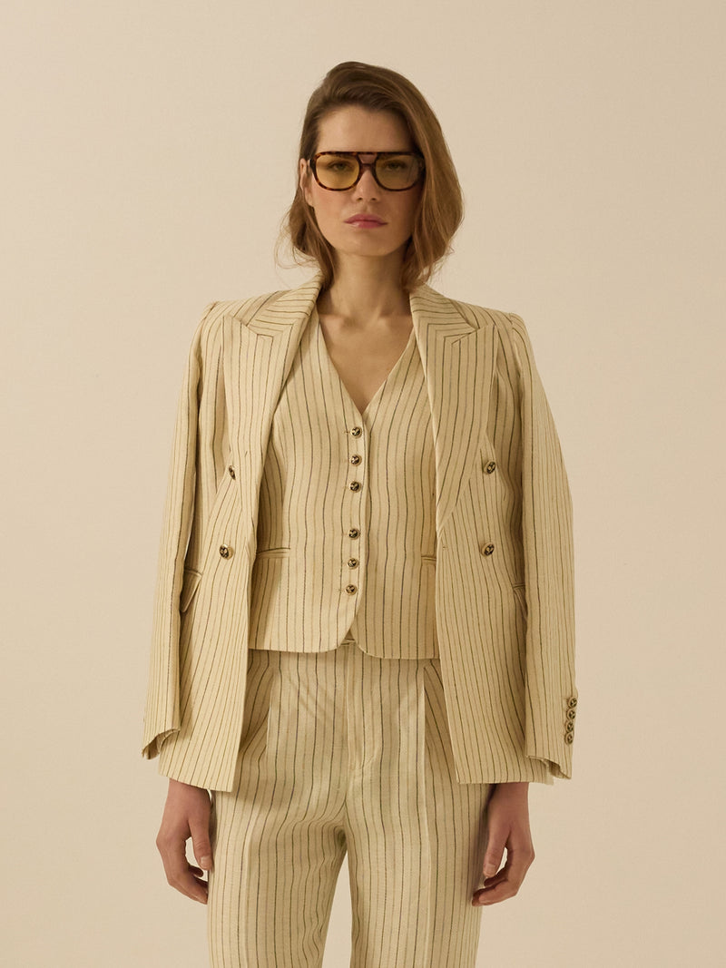 Raw double-breasted blazer with blue stripes