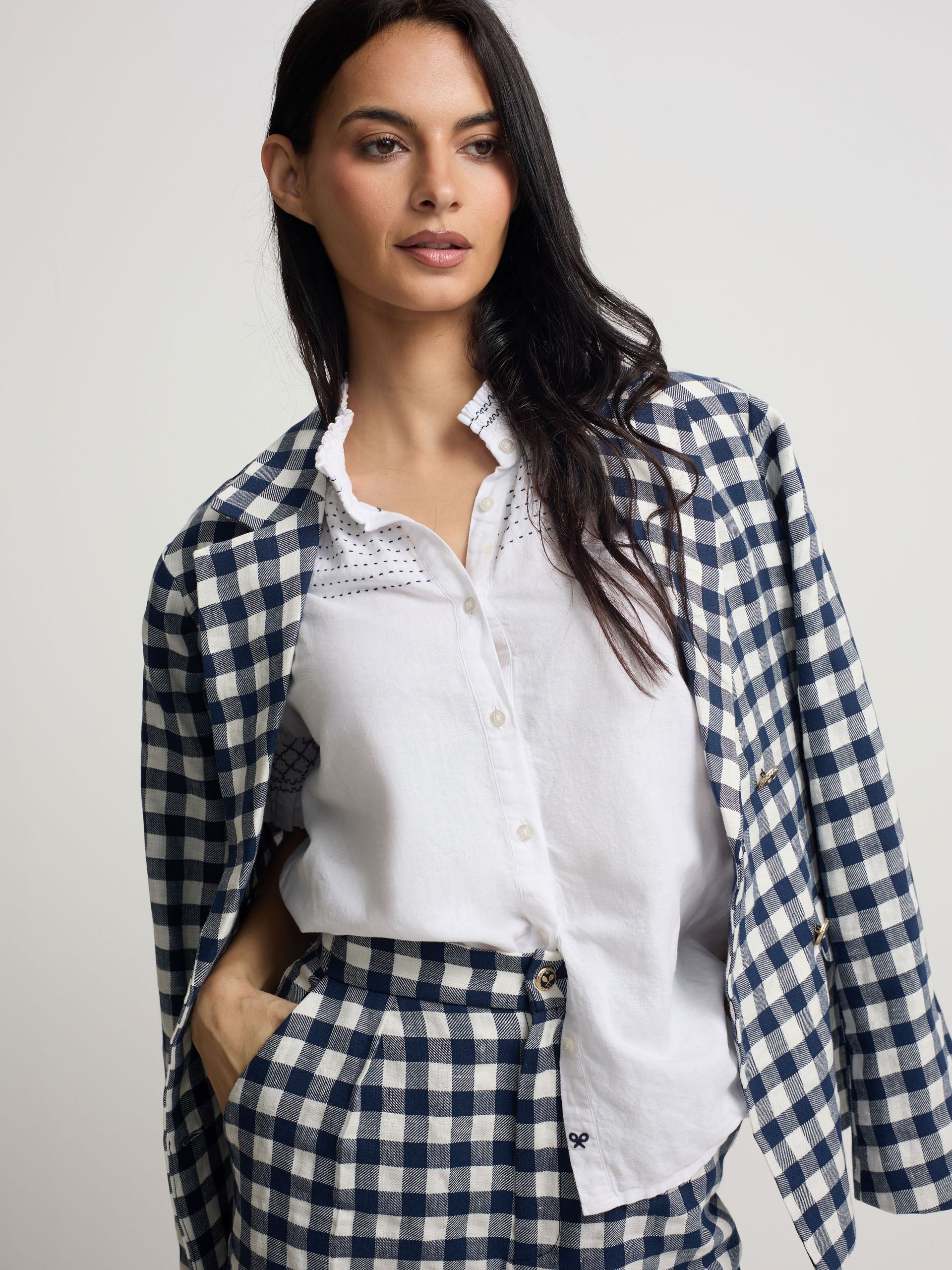 American double-breasted gingham navy