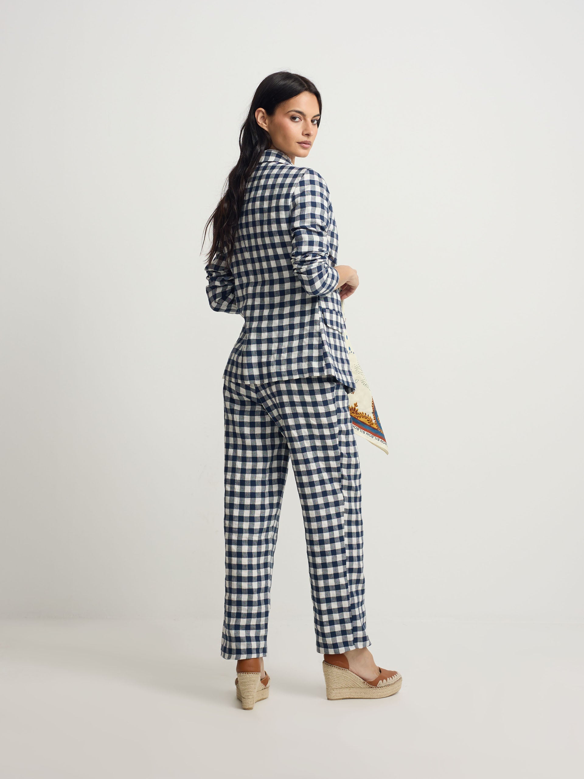 American double-breasted gingham navy