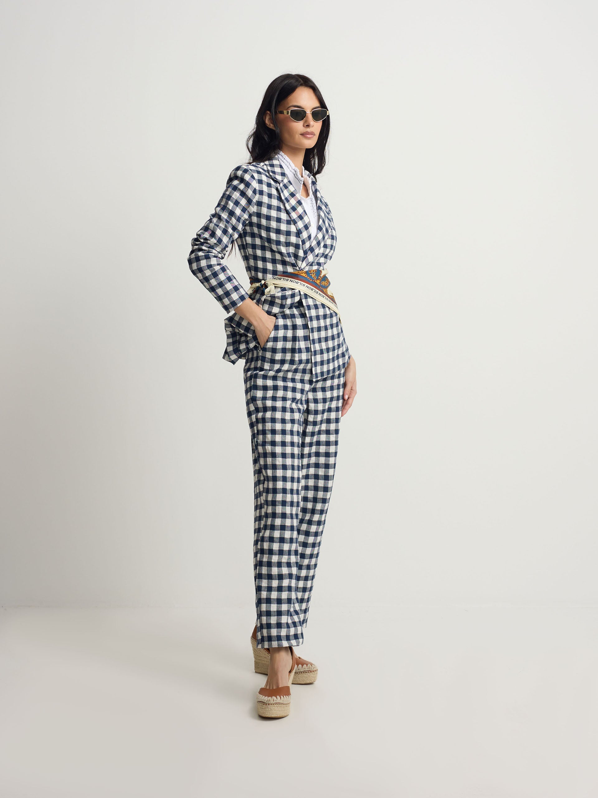 American double-breasted gingham navy