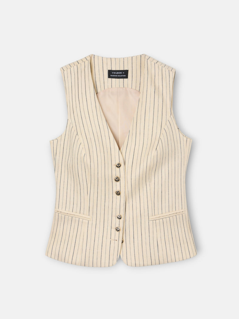 Gilet ouvert écru à rayures bleues