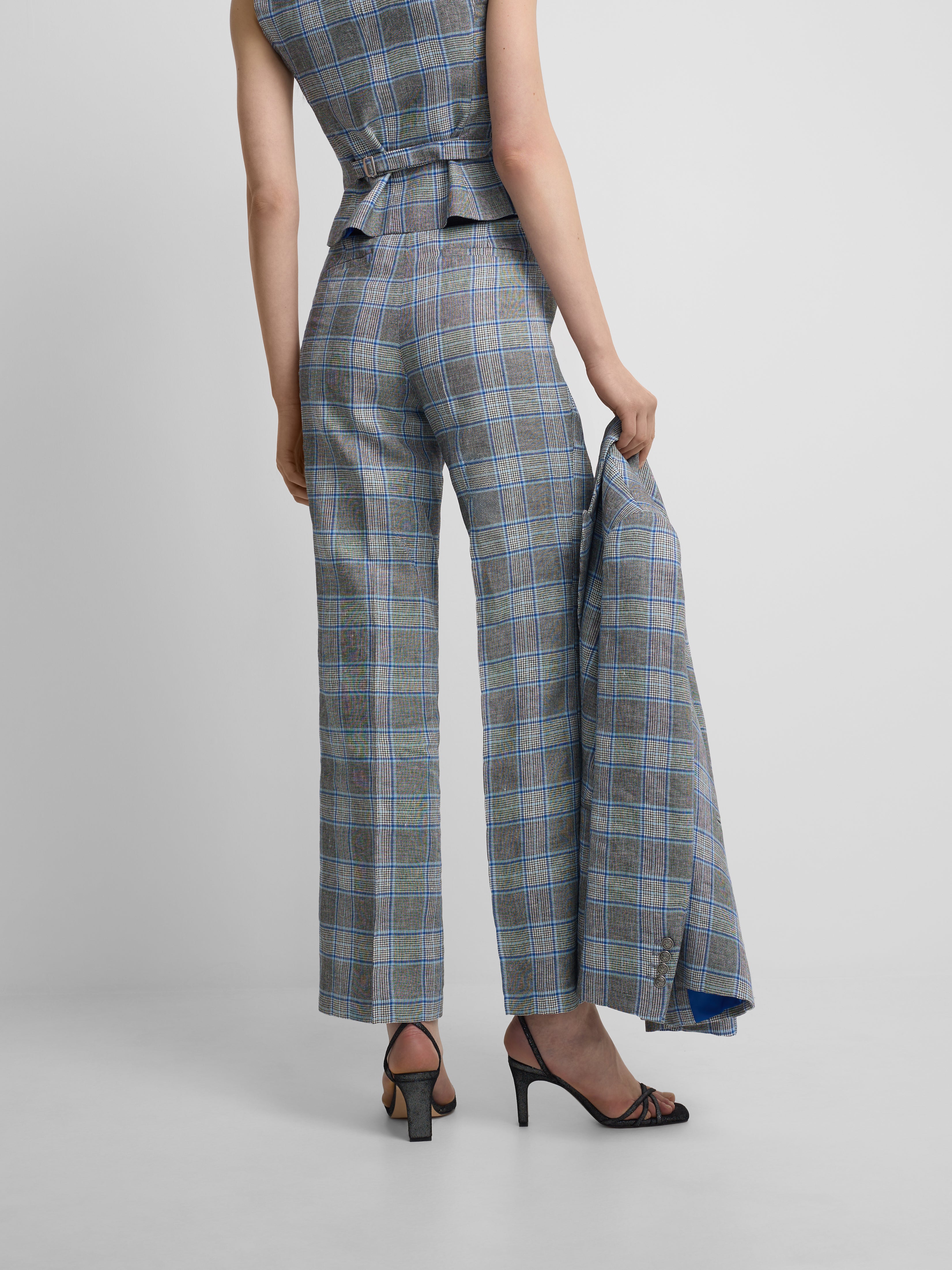 pantalon droit à carreaux bleu marine