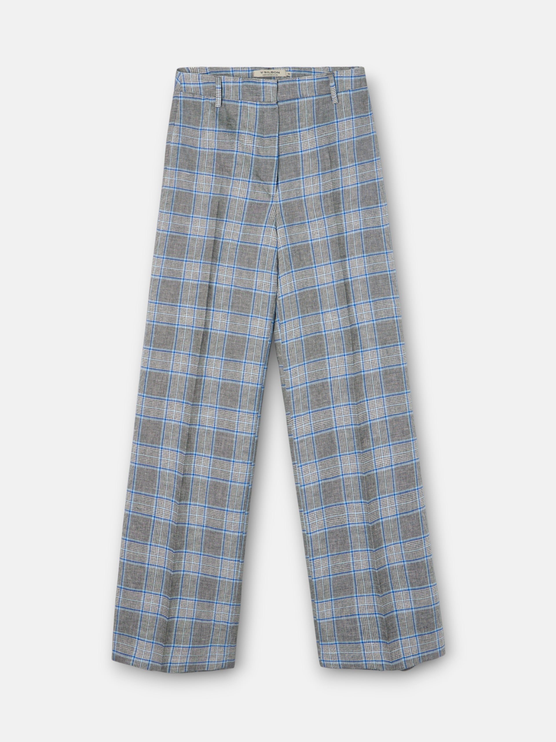 pantalon droit à carreaux bleu marine