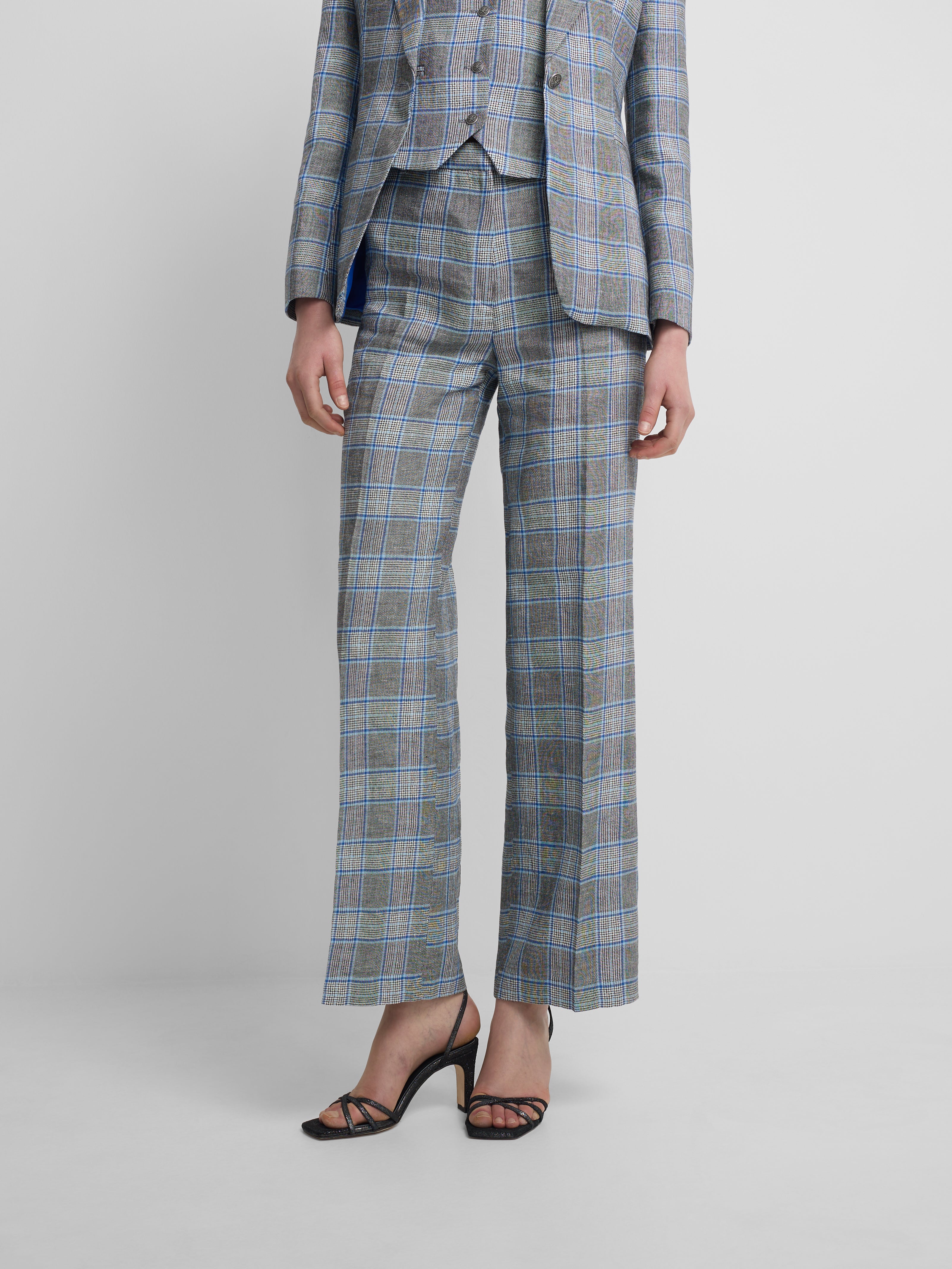 pantalon droit à carreaux bleu marine