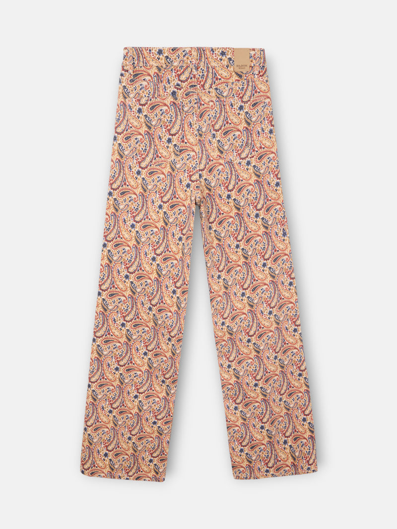 Calças de ganga estampadas com padrão paisley laranja