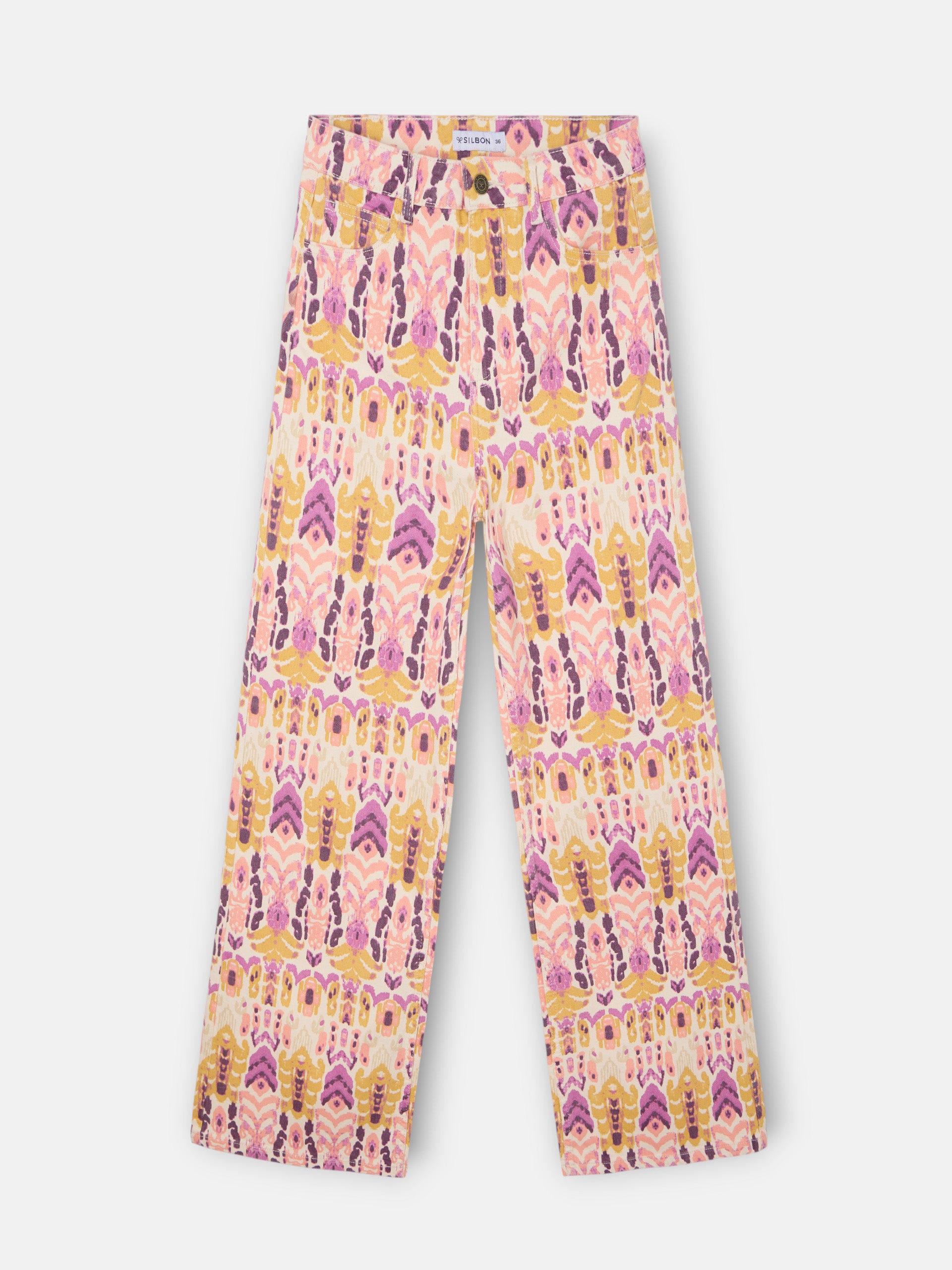 Pantalon en denim imprimé ikat roses