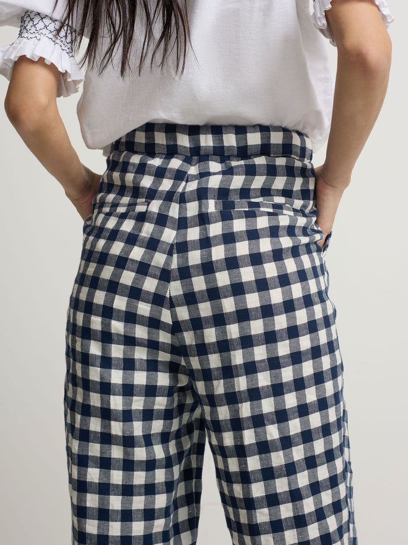 Navy vichy belt loop trousers