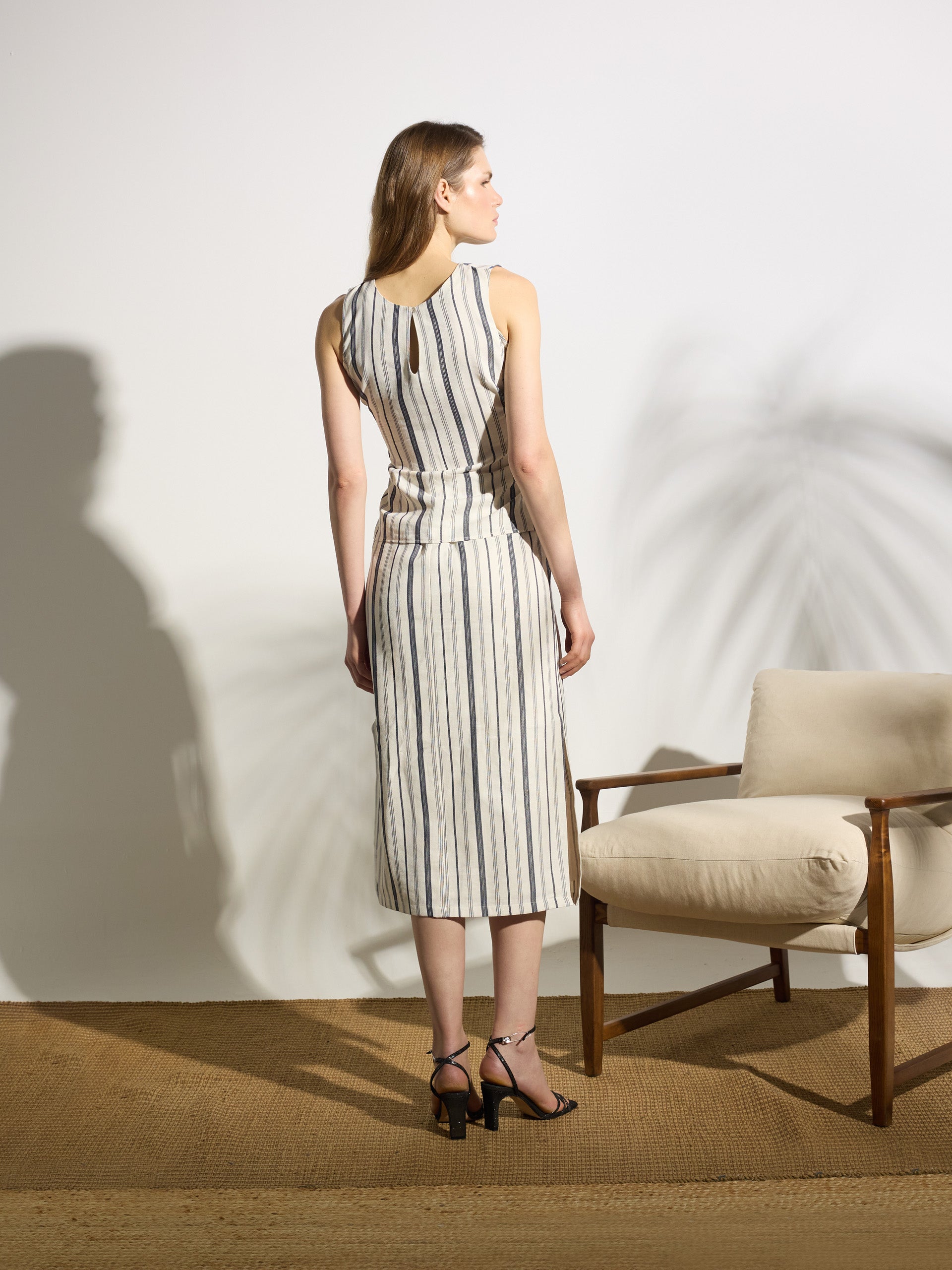 Falda midi unique rayas azul y beige