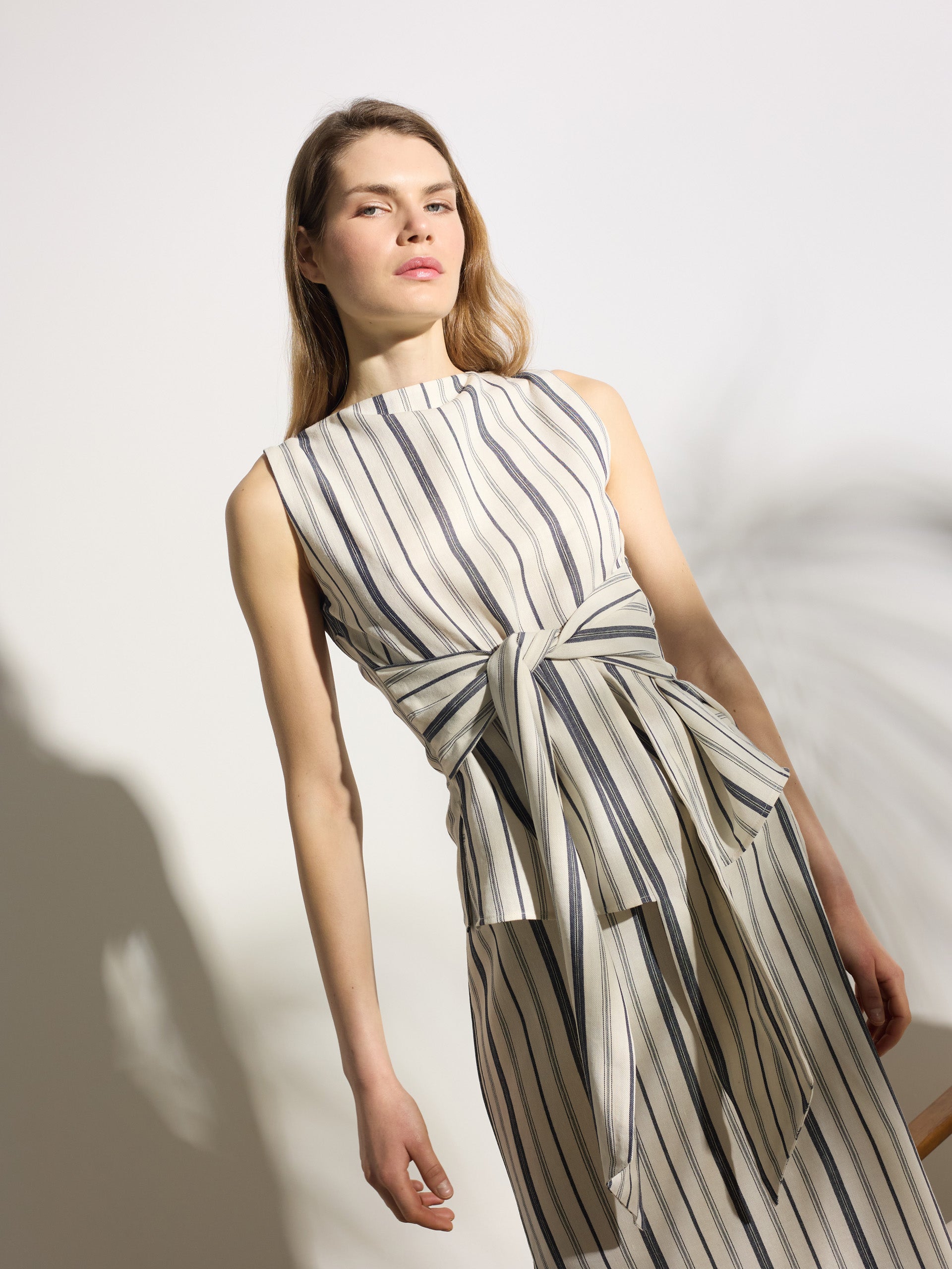 Falda midi unique rayas azul y beige